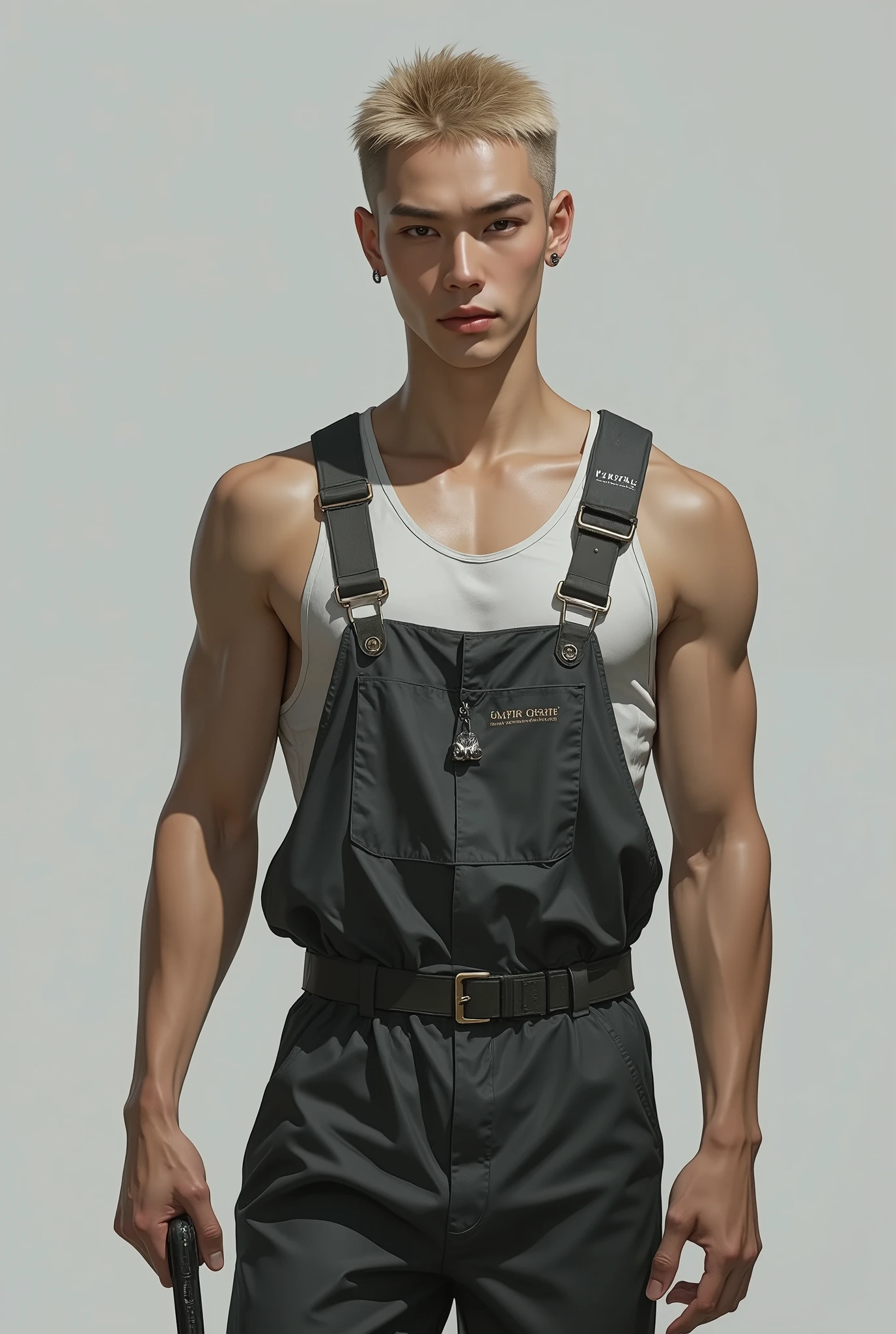 Korean man, 23 years old, Hwang Hyunjin's appearance in 2025, tall, defined arms, fair skin, dark blonde buzz cut haircut, eyebrows with two lines, he has the appearance of a delinquent, he wears a white tank top and a dark gray operational jumpsuit, the sleeves of the jumpsuit are tied at the waist and his torso has only the white tank top stained with grease, he is looking forward, in one hand he holds a ratchet combination wrench, his body appears from the knees to above the head.