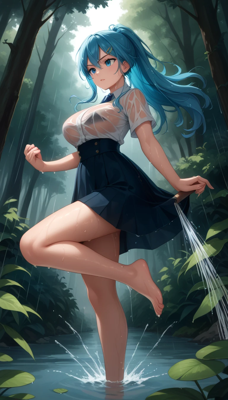 Photorealistic, high resolution, (Detailed face), Blue hair, Long hair, tattoo, jewelry, (rainy wet, wet from rain, Wet body :1.3), Wet all over,Breasts that are about to spill out of panties,protruding areolas,The camera looks from the bottom up, ((full bodyesbian:1.2)),((Crouching)),((Spread legs)), ((M-shaped legs)), (Lingerie transparent:1.3), (see through lingerie, Breasts and vaginal lips can be seen:1.5), ( Areola Clearly Visible:1.3),((areola erections)),(((The nipple areola is clearly shaped))),excited, bold and unconstrained,Provocative, ecstasy, facing at the camera,