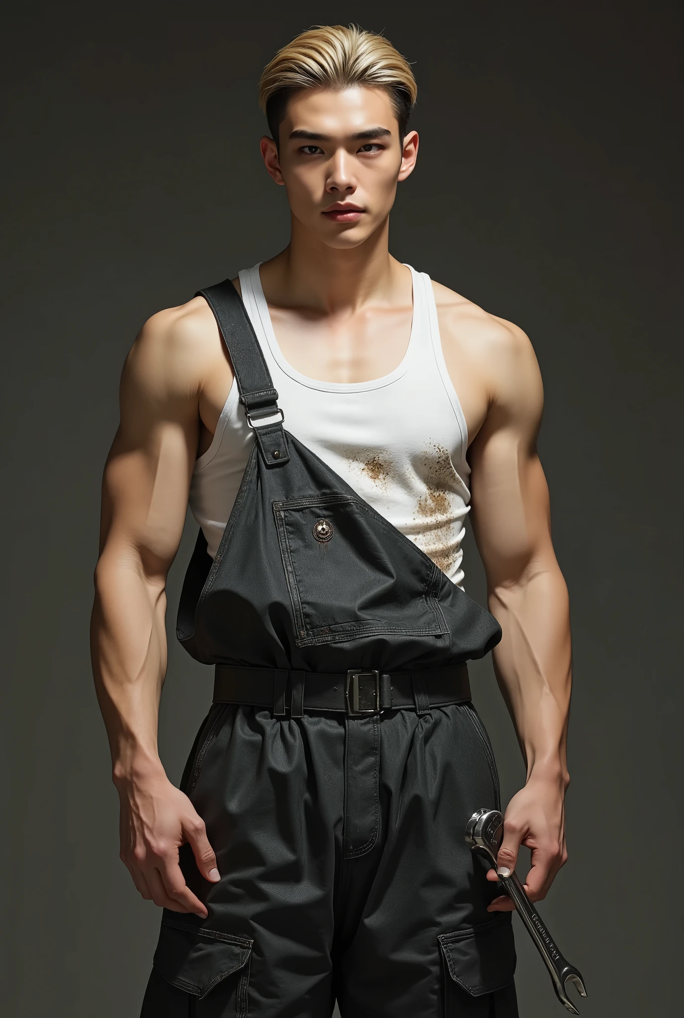Korean man, 23 years old, Hwang Hyunjin's appearance in 2025, tall, defined arms, fair skin, dark blonde buzz cut haircut, eyebrows with two lines, he has the appearance of a delinquent, he wears a white tank top and a dark gray motorcycle workshop operational jumpsuit, the sleeves of the jumpsuit are tied at the waist and his torso has only the white tank top stained with grease, he is looking forward, in one hand he holds a ratchet combination wrench, his body appears from the knees to above the head.