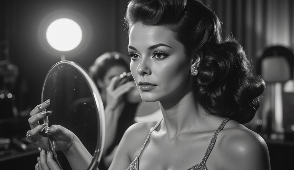 Masterpiece, photorealistic, 1930's Journalism photography, medium shot of a woman wearing black lingerie, looking at herself in the make up mirror, she is reflecting in the mirror, in the backstage of Can Can club