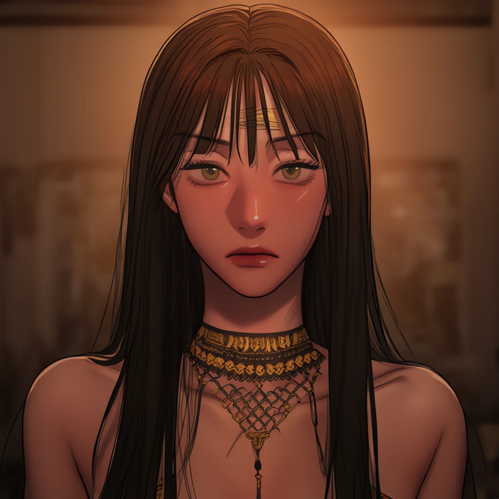 score_9, score_8_up, score_7_up, score_6_up, 1girl, solo, jewelry, rating: safe, brown_eyes, black_hair, lips, makeup, armlet, breasts, egyptian, egyptian_clothes, dark_skin, nose, earrings, gold, lipstick, cleavage, realistic, looking_at_viewer, medium_breasts, open_mouth, oral_invitation, piercing, gyaru, blunt_bangs, bangs, bob_cut, vampire, long_fangs, (from_above:1.3), downblouse, dark, silk, see-through, (blood_from_mouth:1.2), black_robe, blood, sharp_teeth