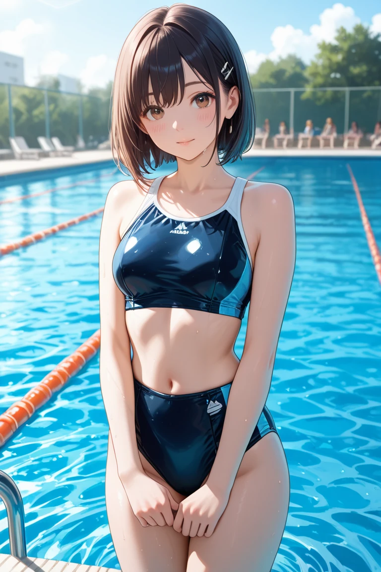 Super high quality by the art god, super detailed, High resolution, AI generated, anime moe art style, best anime 8K konachan wallpaper, pixiv contest winner, perfect anatomy, break,1 girl, (alone,lolita, , 13 years old:1.3),All limbs,full finger, Slender beauty, (very short hair), wet and messy hair, flat chest, small ass,small eyes,beautiful detailed black eyes,expressive eyes,between legs,blue school swimsuit, She stands by the pool,(detailed lighting), (detailed background), (school pool),break,super dense skin, Best lighting by famous artists, 8K, figure,UHD, rough skin