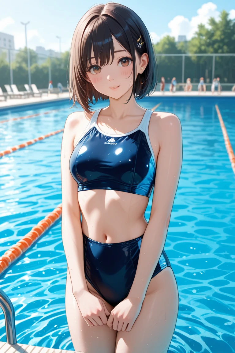 very cute and beautiful girl,(highly detailed beautiful face and eyes),(blue school swimsuit),
standing,arms behind back,pool side,tiny colorful flowers on grassland,
(smile:1.2),happy,looking at viewer,black hair,cowboy shot,
(best quality,masterpiece),absurdres,highres,ultra-detailed,extremely detailed,32k,
cinematic scene,detailed background,solo,dynamic angle,
hair fluttering in the wind,beautiful detailed sky,