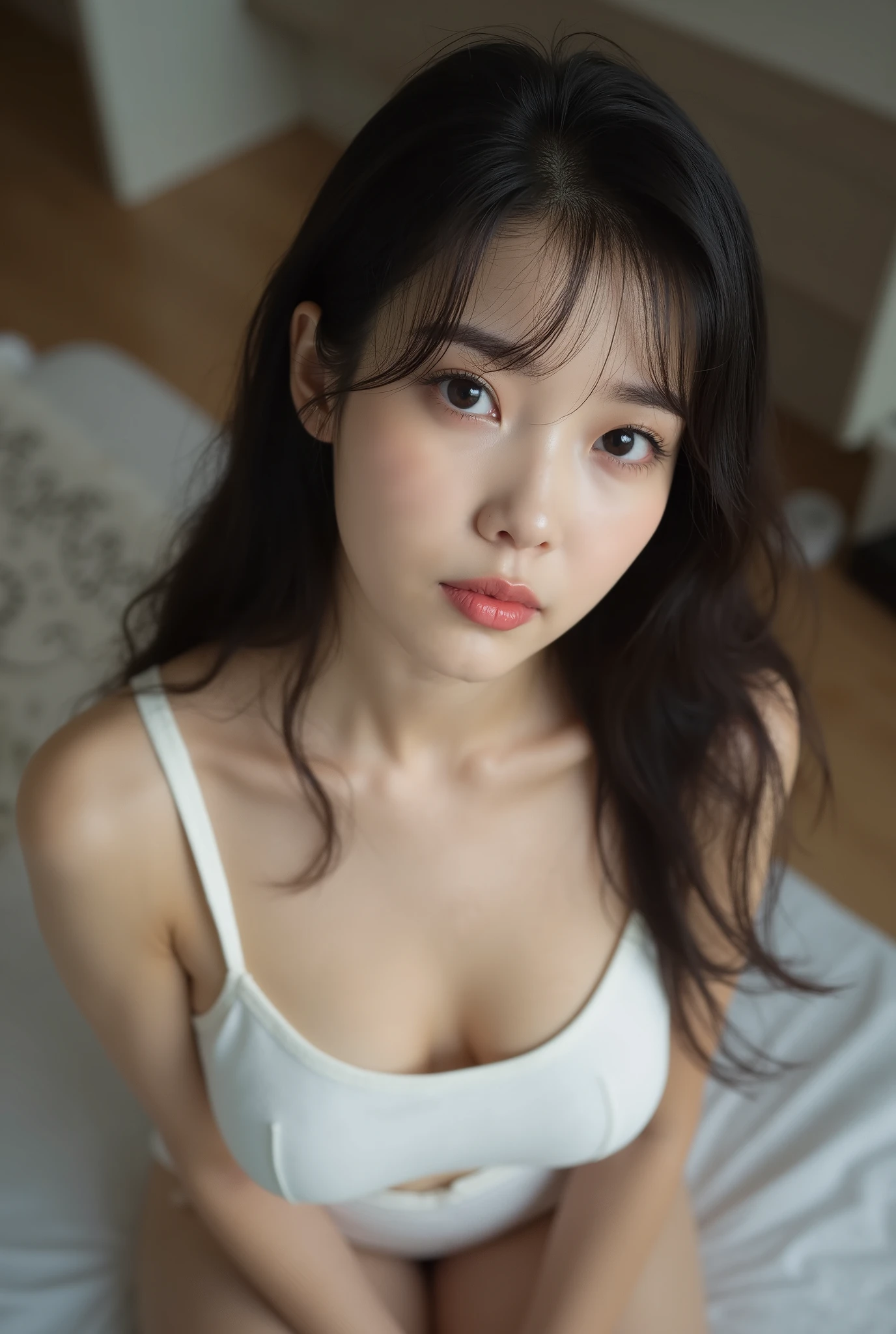 small 、((korean woman)) , (( white Y shirt))、(curvy body)、 sensual expression、((slightly above angle))、Open your mouth lightly 、I'm staring at 、on the bed、looking up 、(pleated skirt on indoor floor) 、(close-up on the face)、((Chest gap ))、(view from above、 crevice)、((high school uniform)), IUleejieun