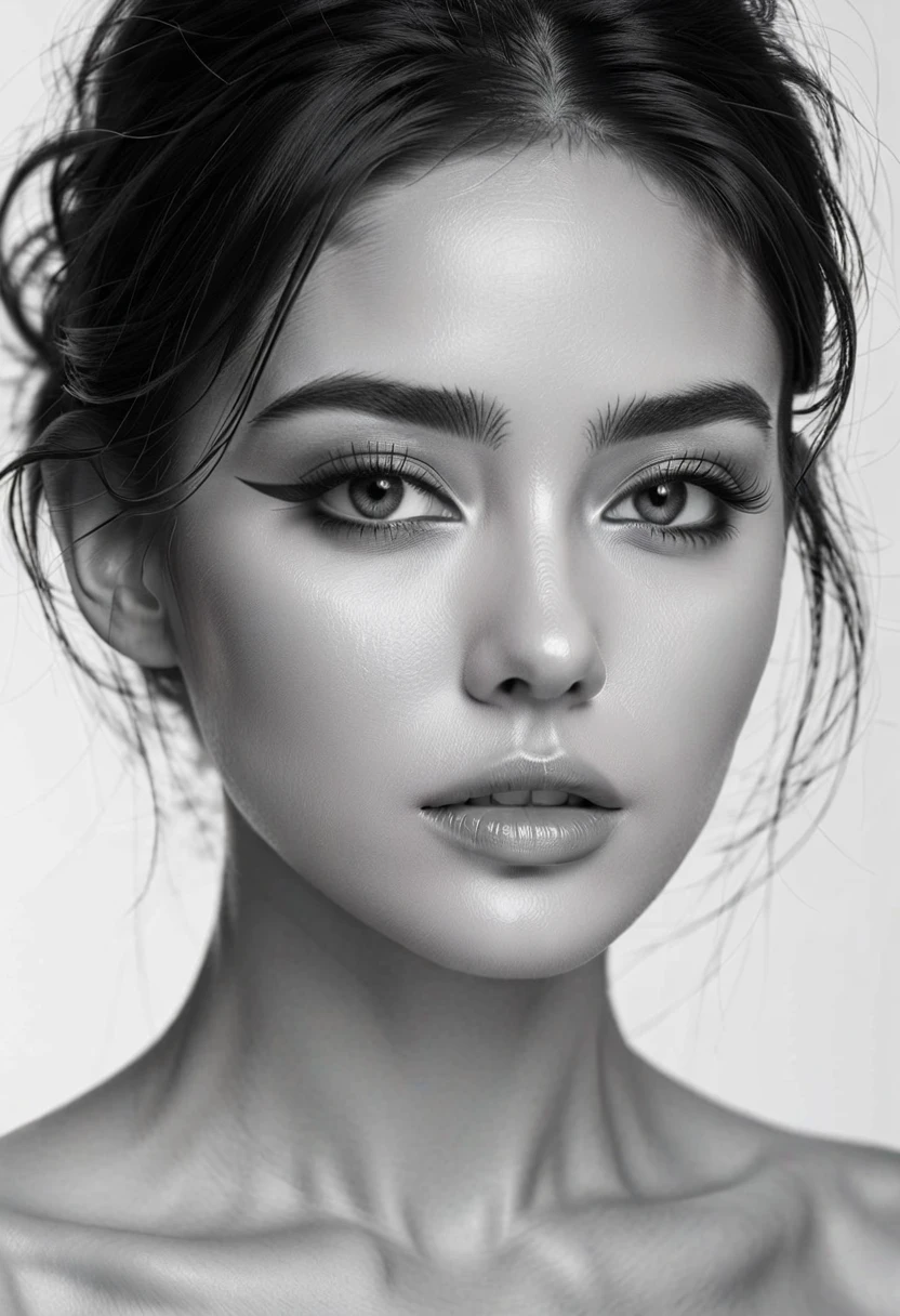 A grayscale illustration of a woman done in a style reminiscent of classic 1950s pin-up art. She exudes a sense of confidence and allure, with her hair styled in an elaborate vintage updo featuring curls and waves that suggest both elegance and playfulness. The artistic quality of the drawing emphasizes detail and contrast, utilizing shading techniques to create depth and texture, particularly noticeable in the elaborate hairstyle and expressive features.