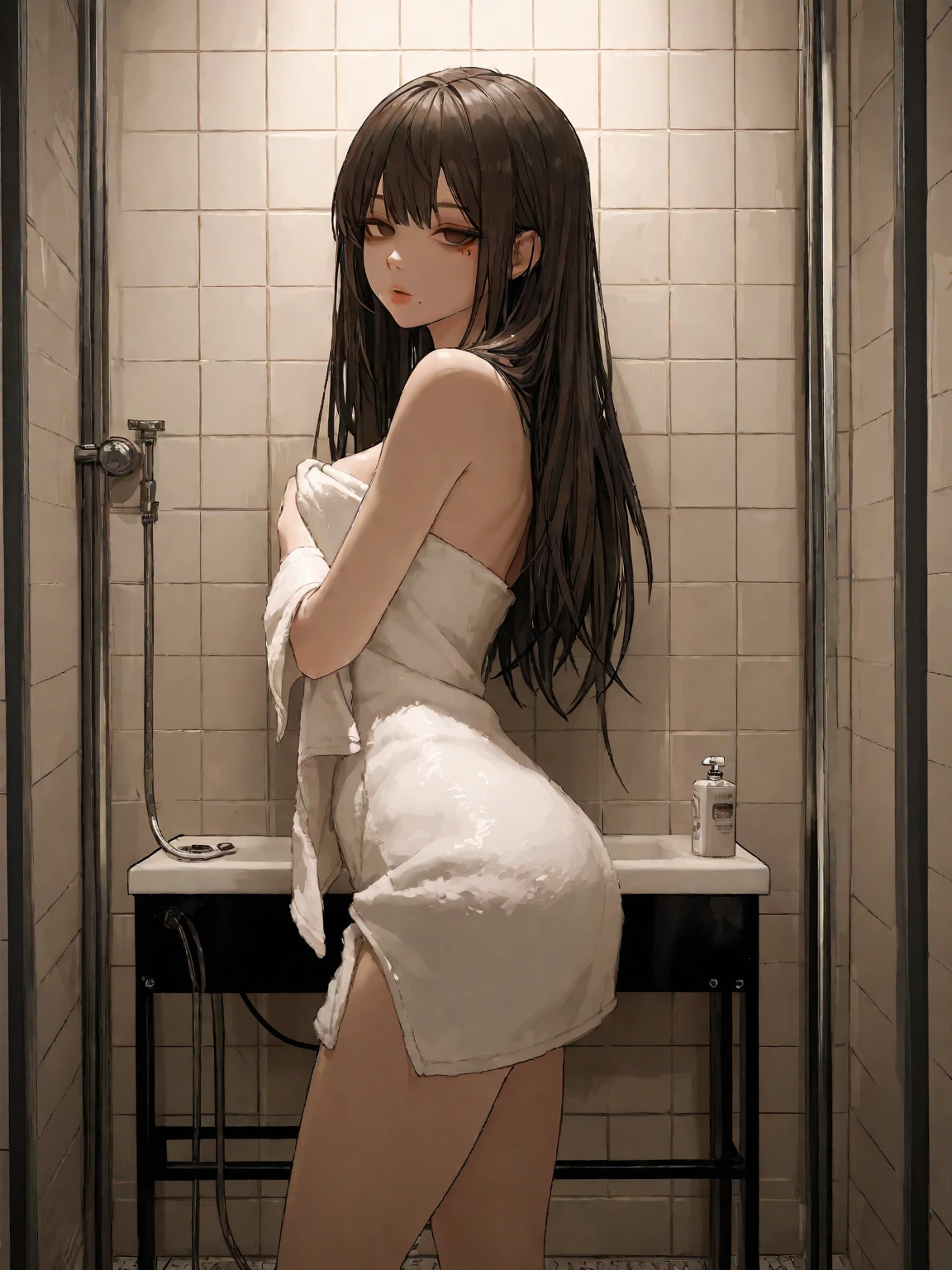 Rear view、Shoulders are protruding、Bathing from the shoulder、girl with、squatting