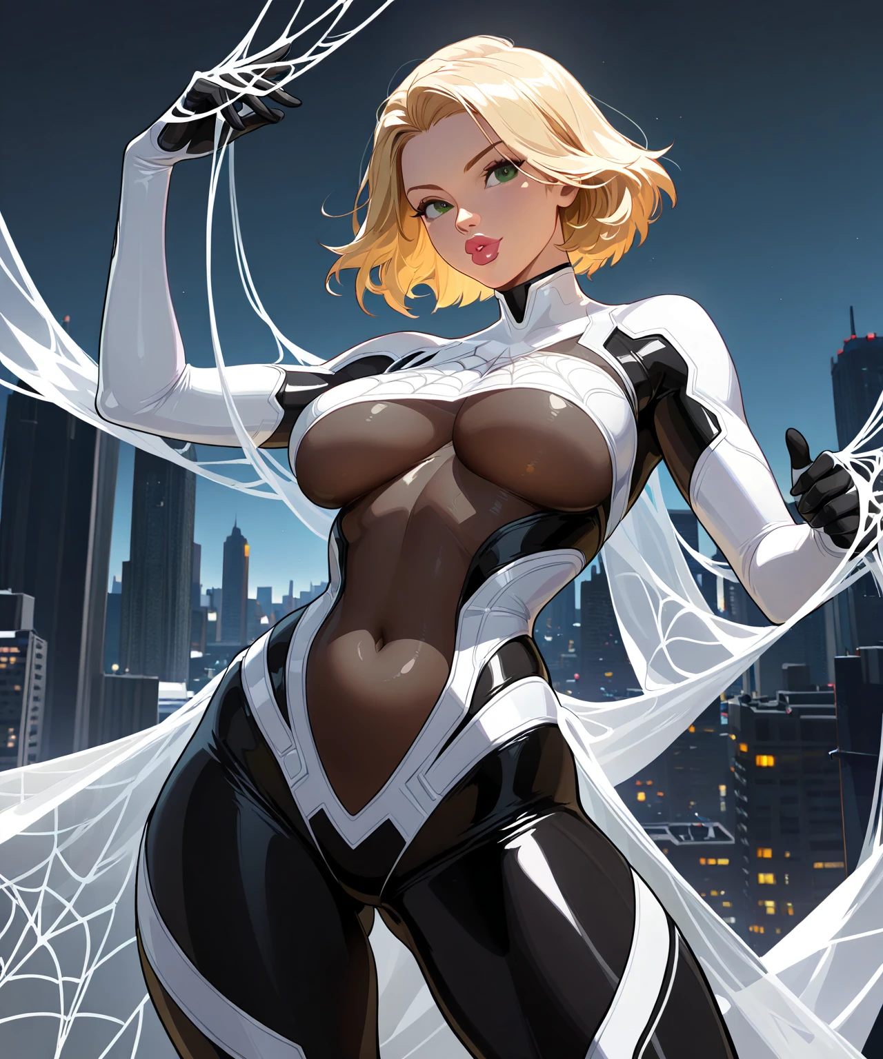 shot below eye level, handsome girl, Slender figure, I'm standing on the roof of a high-rise building, endearing smile, Crew Cut, Spider-Man, The perfect female face, A detailed eye, long eyelashes