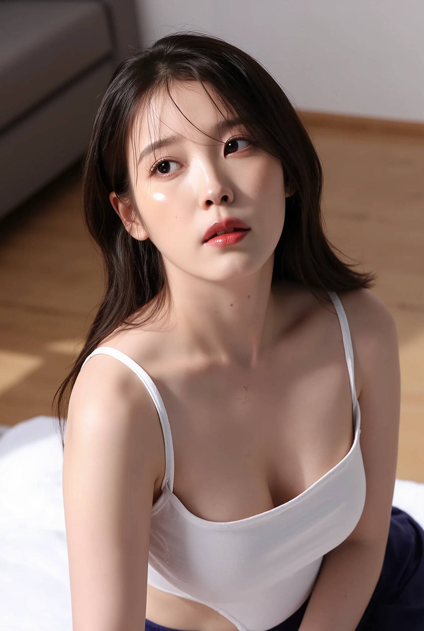 small 、((korean woman)) , (( white Y shirt))、(curvy body)、 sensual expression、((slightly above angle))、Open your mouth lightly 、I'm staring at 、on the bed、looking up 、(pleated skirt on indoor floor) 、(close-up on the face)、((Chest gap ))、(view from above、 crevice)、((high school uniform)),