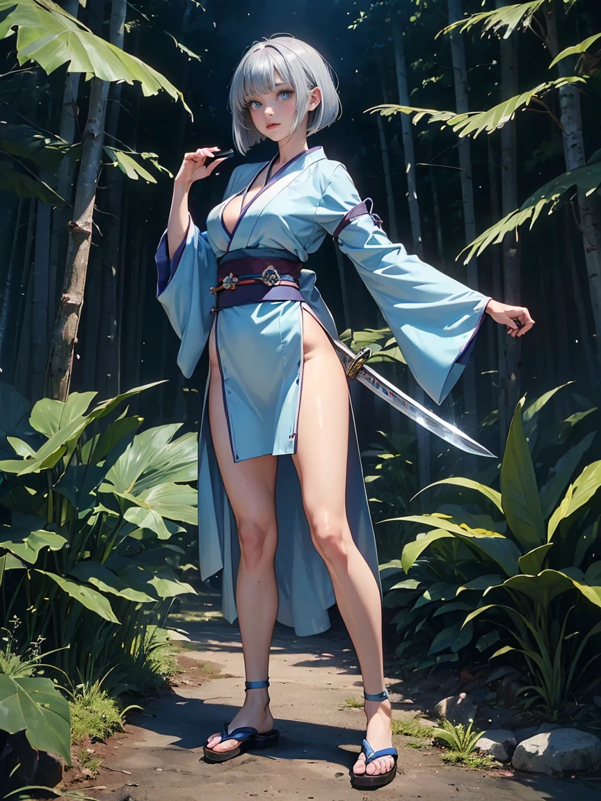(masterpiece, best quality), 1girl, <lora:tomoe_v01:1> tomoe_mf, aqua_hair, japanese_clothes, bare_shoulders, detached_sleeves, cleavage, sash, sandals, scarf, red_eyes, hakama