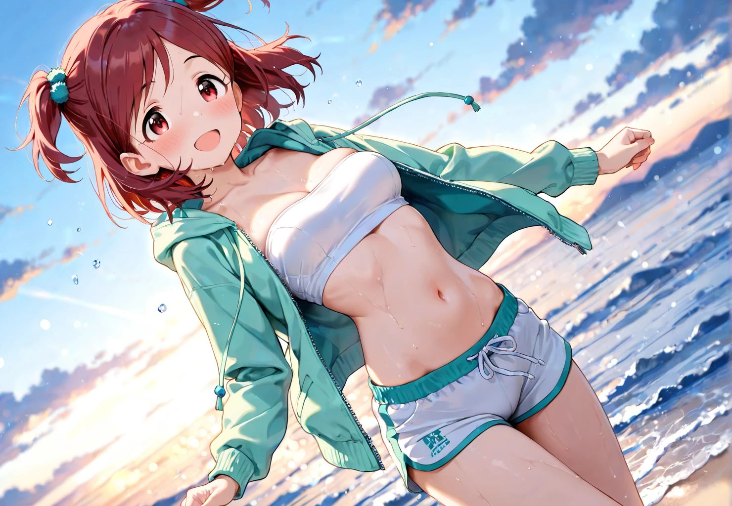 Shikinami Asuka Langley, Swimwear, Jacket, Ultra mini skirt, Semi-transparent skirt, See-through costume, Sweat, Panties, See-through nipples, Ocean, Sandy Beach