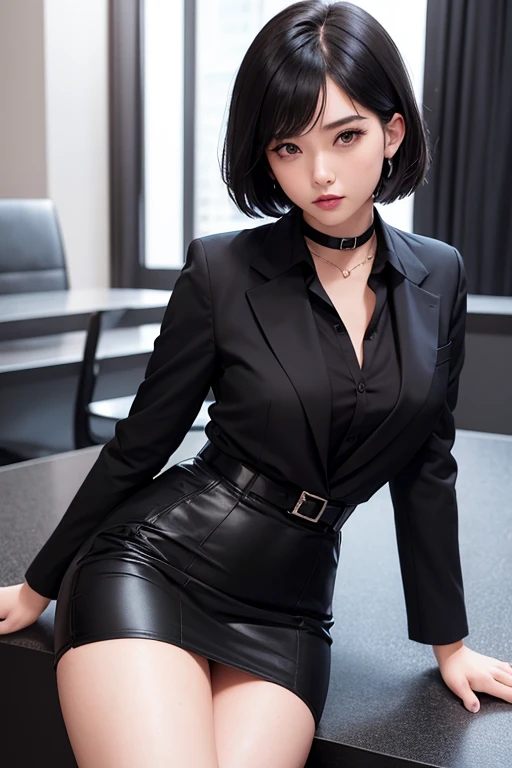 8K RAW photos, high resolution, 22-year-old cool Korean, big round breasts, cleavage, beautiful abs, secretary-like outfit, tight shirt, formal skirt, pin heels, beautiful eyes in every detail, long eyelashes, beautiful double eyelids, eyeshadow, slender eyes, elongated eye shape, Sanpaku eyes, dark eye makeup, evil smile, beautiful thin legs, short hair pixie cut, Very light brown hair, earrings, night, dark atmosphere, president's office at night, standing in front of a big desk