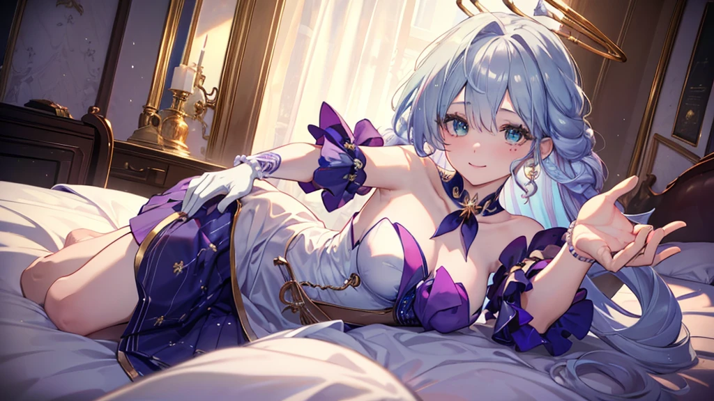 1 girl, white hair, blue sparkling eyes, beauty, laying at bed, pillow,lay down, armpits, pose, exteriors, daysieackgound, chies, looking at viewer, stairwayont, breast, genshin clothes, strapless, bare shoulders, detailed face, detailed eyes, full body, legs, stomach