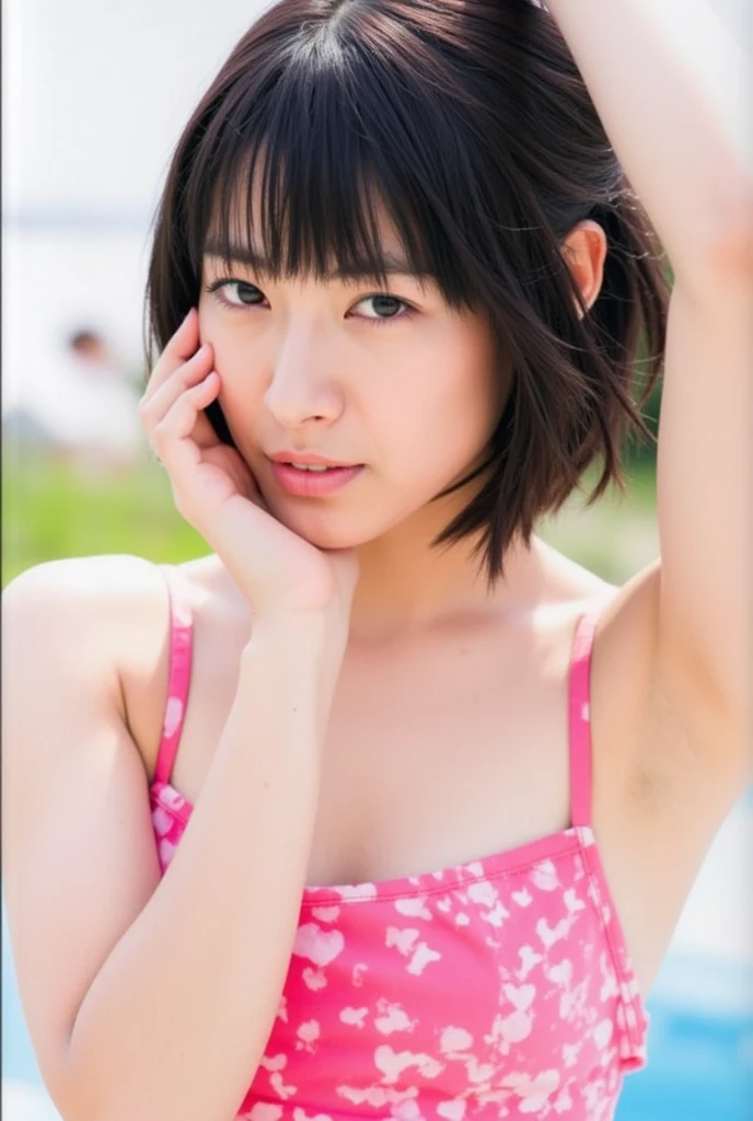 (High resolution:1.3), (16K, Photorealistic, RAW Photos, Best image quality: 1.4), Japanese, (1peopleの少女), Beautiful Face, (A vivid face), (Black-haired、short hair:1.3), Beautiful hairstyle, Realistic eyes, Beautifully detailed eyes, (Realistic Skin), Beautiful skins, Charm, 超High resolution, Surreal, Attention to detail, Golden Ratio, Plein Air, the wind is strong, From below,1people、 Half Body Shot,Highly detailed cute girl,(20-year-old)、 dress、