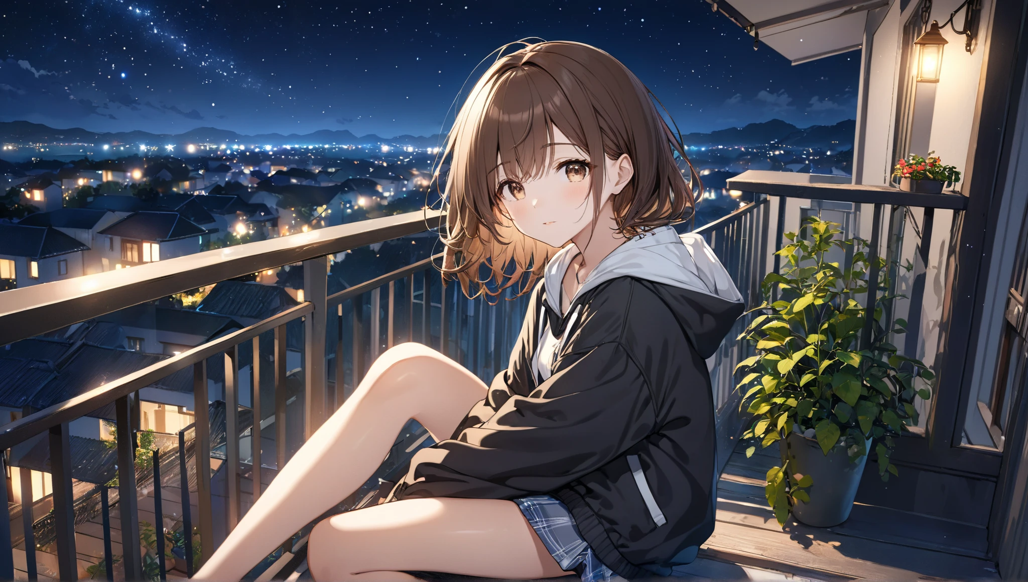 anime girl, brown hair, red hoodie, short hair, shorts, sitting down, night time, dramatic lighting, bus stop, smiling, eye level,
