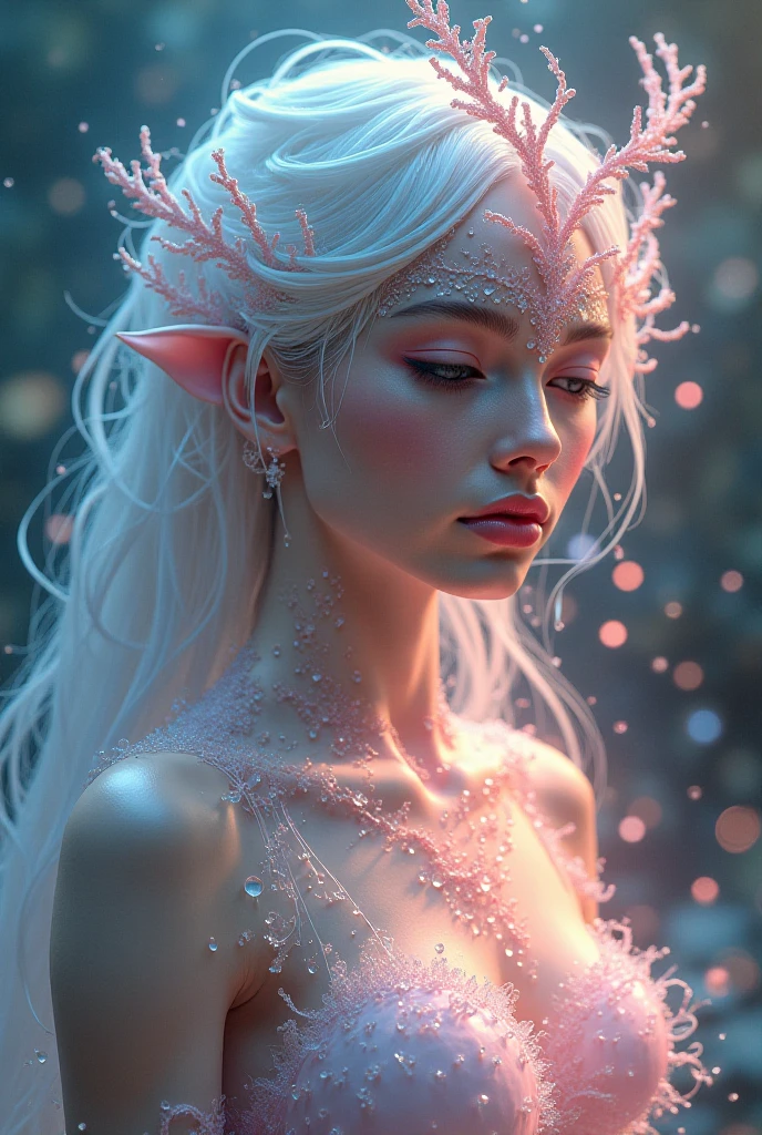Alien with translucent white skin 
With a white glow 
Feminine appearance and shiny flaky skin 
Bright crystal eyes

