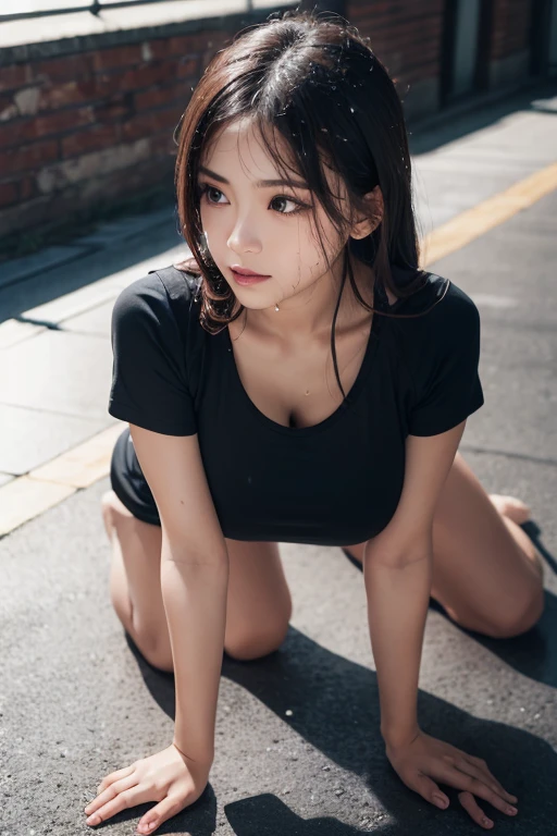 (best qualtiy，4K，8K，hight resolution:1.2)，ultra - detailed，realisticlying，Photorealistic:1.37，Ponzi Hair，on the floor on all fours，posture with buttocks sticking outward, small boobs
