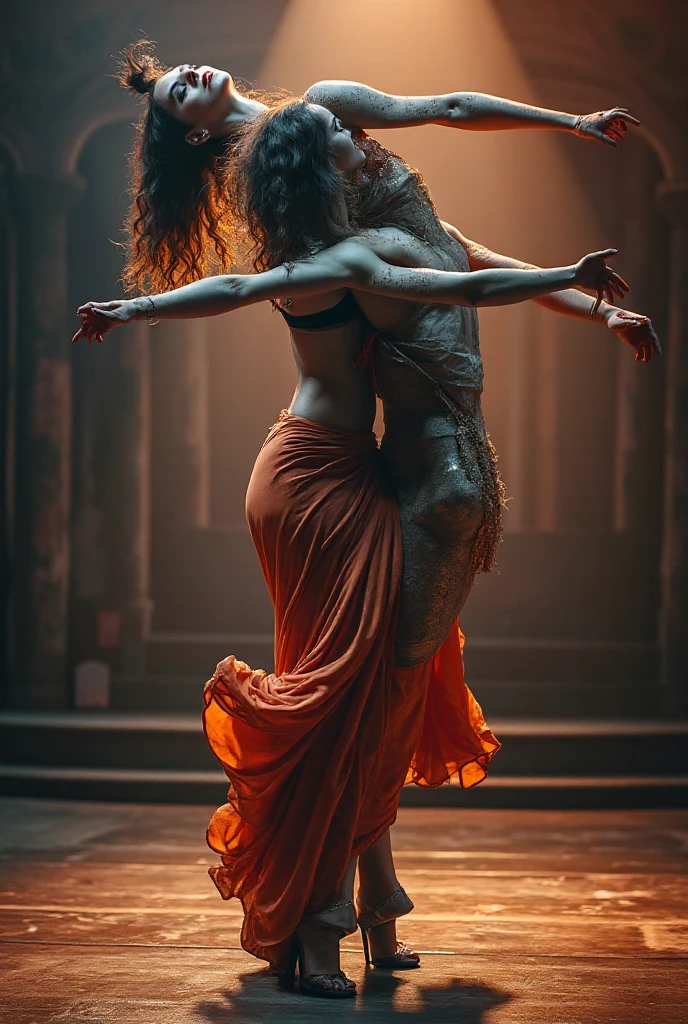 painting of a demonic expressive dance of a couple of men and women, dynamic poses, dark atmosphere, cinematic scene, volumetric lights, ultra realistic, in the style of nicola samori
