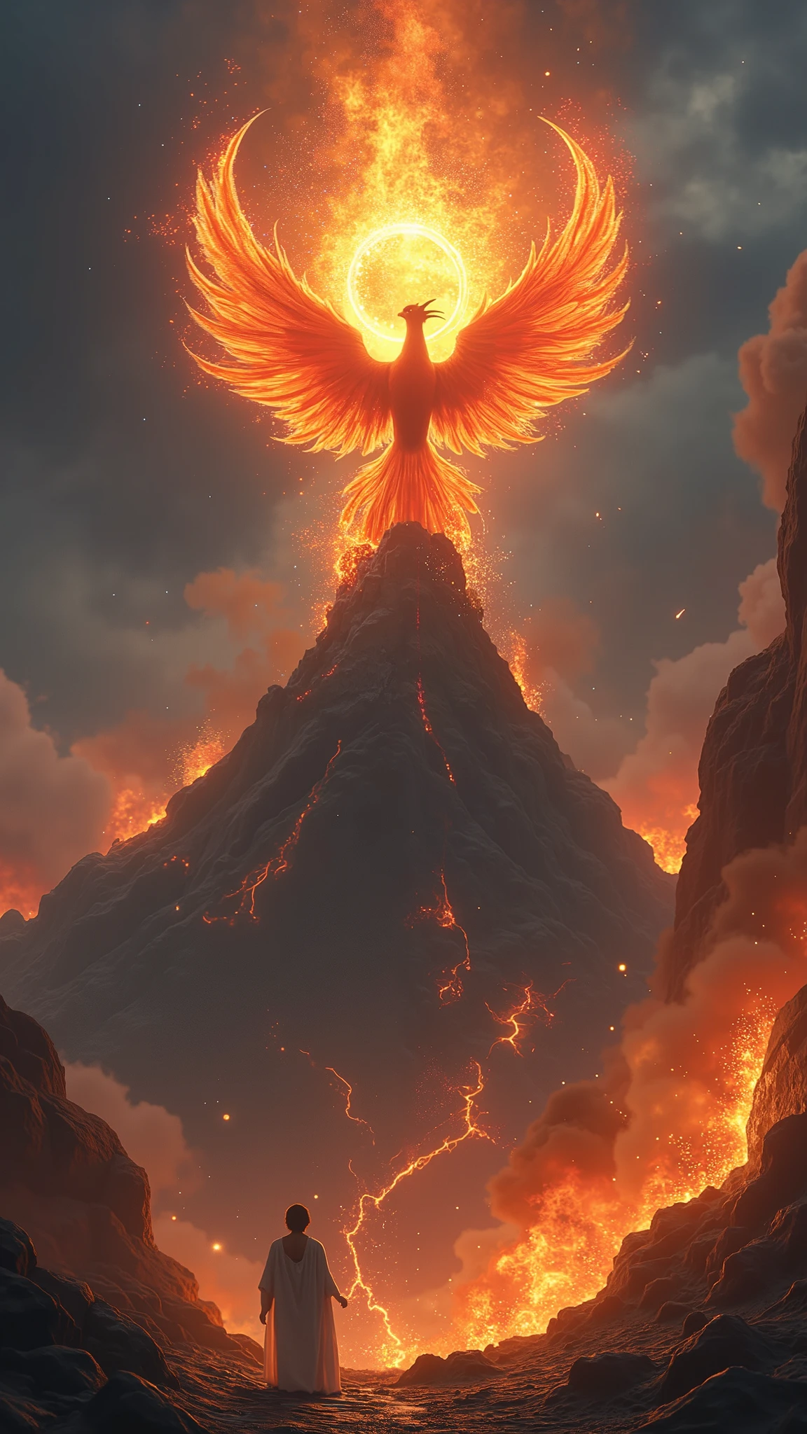 O ninho, before a sacred altar of rebirth and fire, seemed to shrink before the presence of the presence of the presence Of the mother Phoenix, whose flames flickered in distorted tones, oscillating between divine gold and deep black, as if something impure were trying to corrupt it inside. For hours she was squirming, feeling a lot of pain before laying the egg, this will never happen.

       When the time came, a scream crossed the sky - not a song majestic, but a scream of pain and despair. The mountain trembled as if trying to resist what was about to be born. The surrounding fire no longer danced gracefully; now it is twisted in chaotic shapes, spitting blue sparks that transformed into shadows in the air.

      Then, between an explosion of Embers and a very strong blinding flash hit all the phoenixes here they were here in venue, killing them instantly, I myself almost died together, the egg had been laid. But unlike the other Phoenix eggs, that shone like miniature suns, this was an anomaly. Its waterfall was as black as absolute darkness, covered by red veins that pulsated like living arteries. Around him, the flames didn't burn out—they died out, as if the very essence of fire was being devoured. As soon as she laid it, just one more egg came out, this was a normal egg, this one looked like a small sun, filled with harmonic energy, entretanto, considerably weaker in energy than the black egg, he was fighting to stay alive, so as not to be corrupted. A The Phoenix that laid these eggs fell dead, and contrary to what happened, your body didn't turn to ashes, it was decaying like any other being, as well as the other phoenixes that were hit by the explosion.
