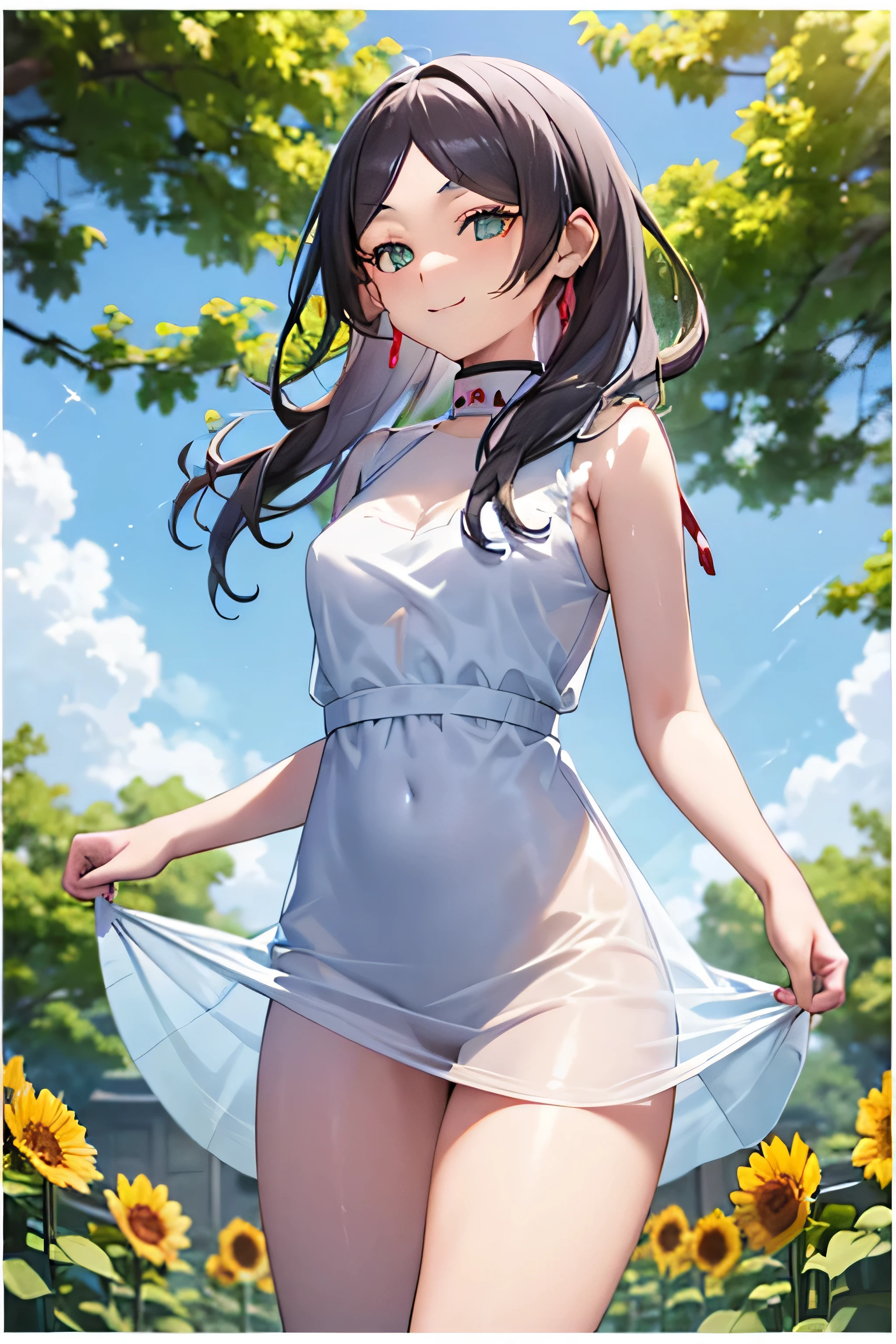 1girl,cute,Very short stature,Very thin thighs,(Fully transparent:1.3) Sheer Floral Casual Dress,outside,Midsommar Garden,Sunflower flowers,smile、Sparkling eyes, (Fine grain)、Ultra-detailed eyes、Highly detailed face, Highly detailed eyes,Cowboy Shot、