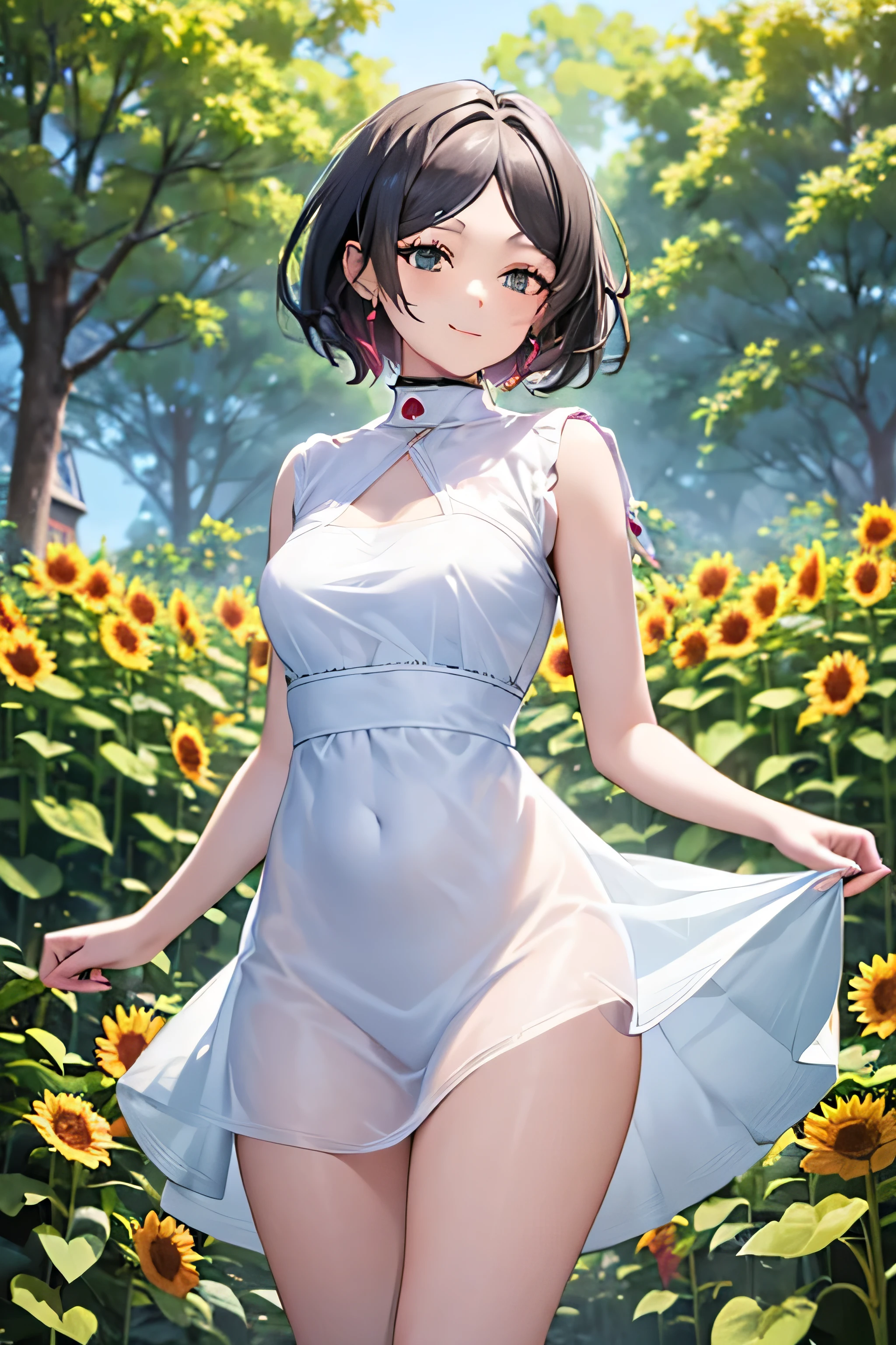 1girl,cute,Very short stature,Very thin thighs,(Fully transparent:1.3) Sheer Floral Casual Dress,outside,Midsommar Garden,Sunflower flowers,smile、Sparkling eyes, (Fine grain)、Ultra-detailed eyes、Highly detailed face, Highly detailed eyes,Cowboy Shot、
