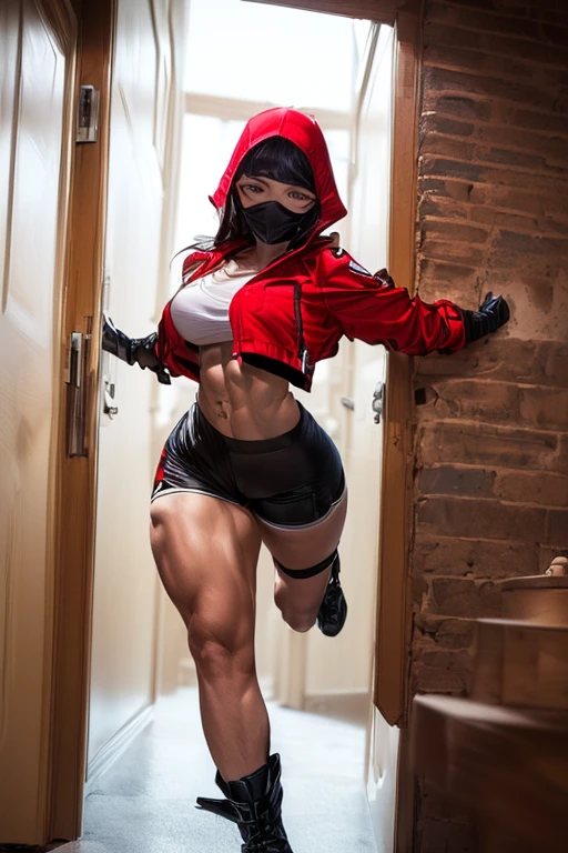 (plain background, 8k, best quality, masterpiece, realistic, photo-realistic:1.37) (full body height standing straight symmetrical contrapposto) (looking at viewer) 2legs apart (wide stance) ultra detailed, 1solo cute girl (beautiful detailed eyes) (smile:1.2) ((red cheeks, red eyes, red tank top, red thong, red gloves gauntlets, red stockings thighs))