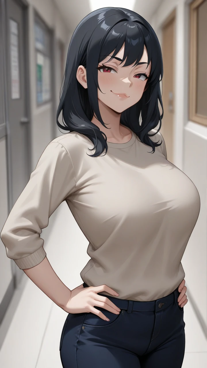 (masterpiece, Highest quality), One girl, alone, View your viewers,
 Angry ex-girlfriend, (Red eyes:0.7), Brown eyes, Black Hair, short hair, Bobcut, amount, Side Lock, Parted hair, tsurime, Huge breasts,
(Orange hoodie, Lower the hood, Blue pencil skirt, mini denim skirt, Black knee socks, Black undershirt), (Sleeves below the elbow, clavicle, White trim),
smile, Open your mouth, tongue, teeth, Happy, blush,
hair flip, Raise your hand,
close, Portraiture,
Isokoron Architecture Wonderland Forbidden Knowledge,Commuter