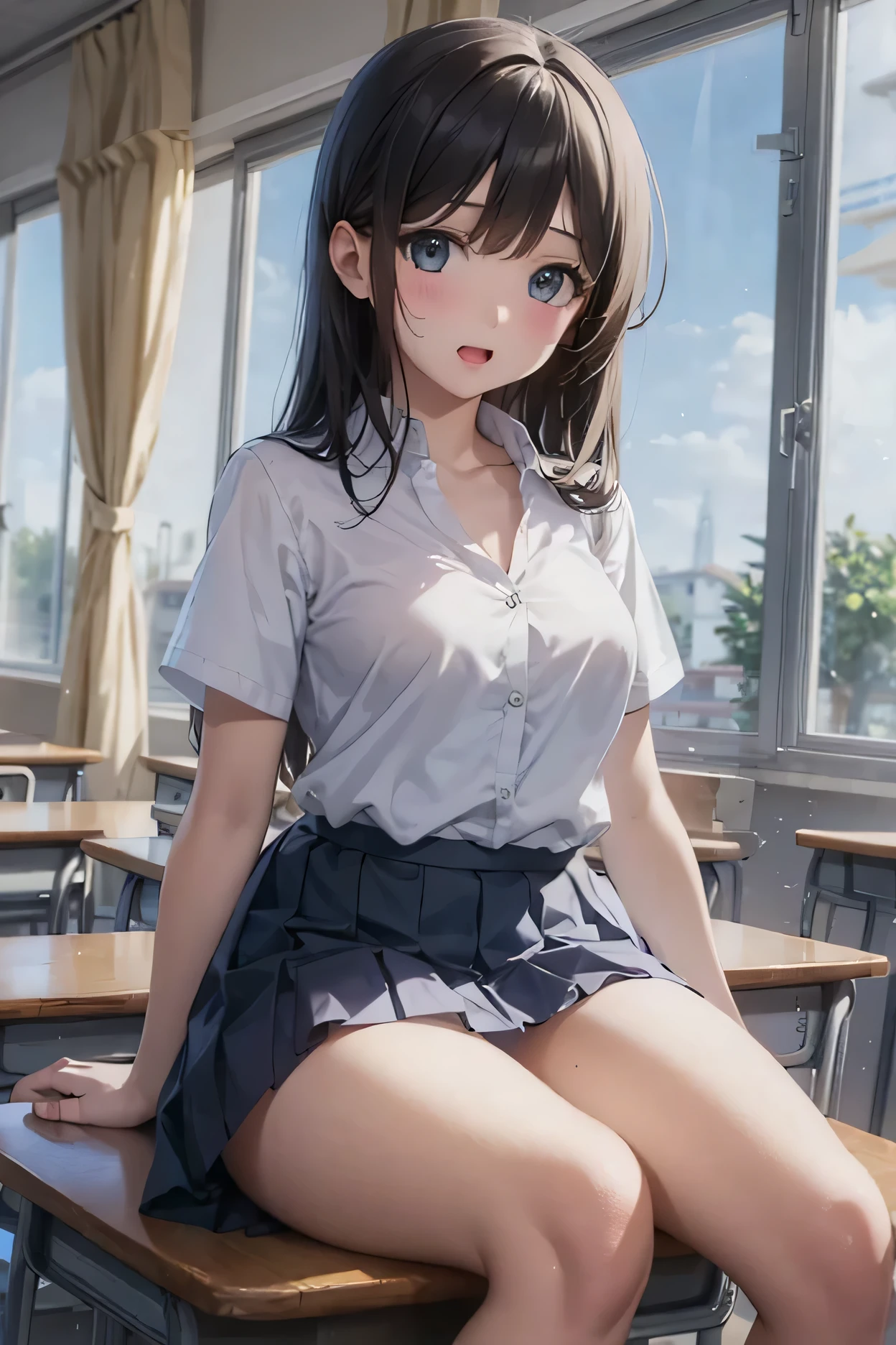 1girl,23yo.strawberry print panties ,.classroom brown eyes, brown hair, cardigan, female pubic hair, full body, gyaru, hair ribbon, lips, loafers, long hair, looking at viewer, panties, plaid, plaid skirt, realistic, red ribbon, , shirt, short sleeves, simple background, sitting, skirt, skirt lift, smile, solo, spls, standing, striped, white neckerchief, white shirt.