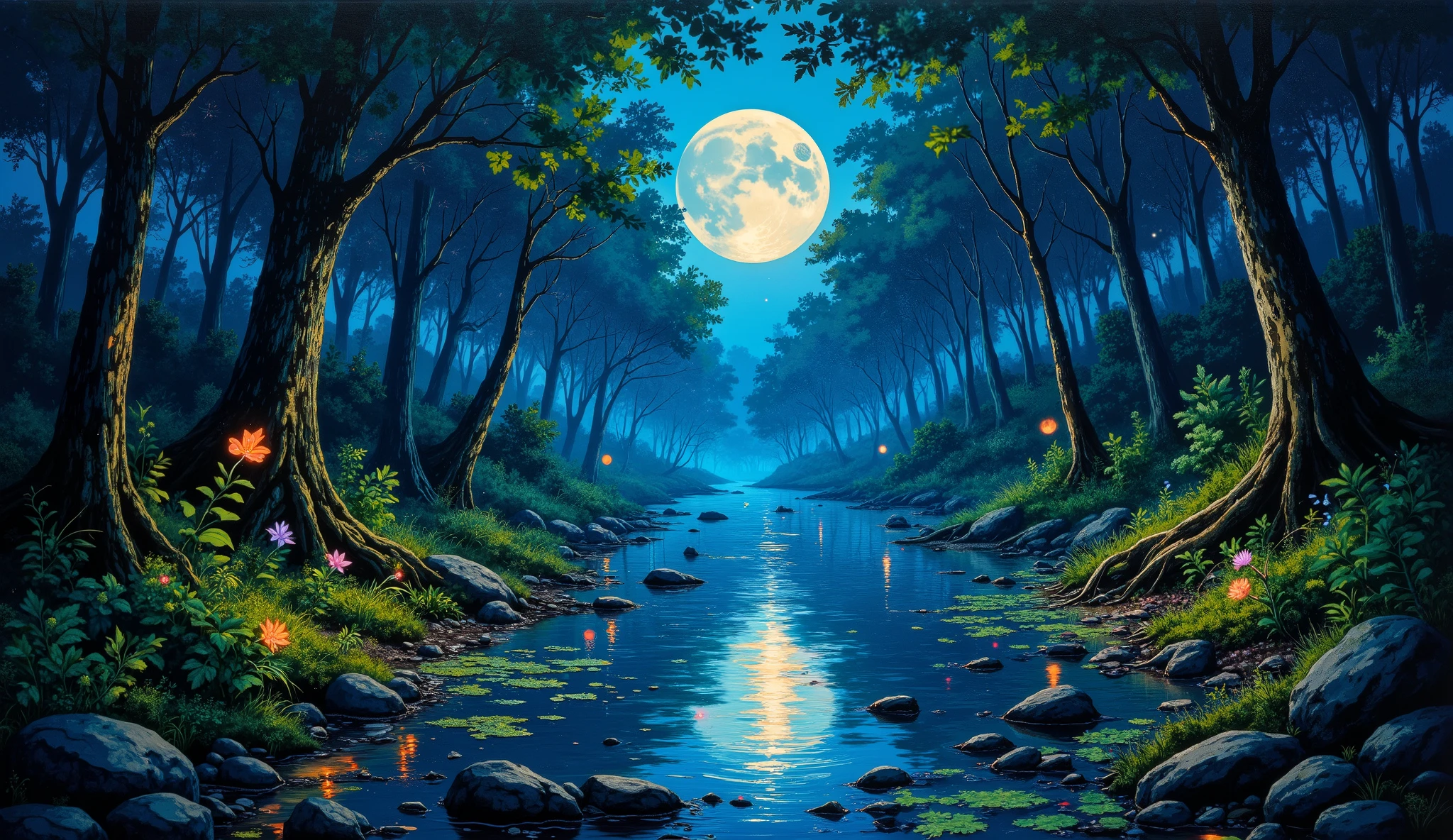 Forest at night with fireflies and reflections of the moon in the water and on the leaves, a noite, vivid and vibrant colors, calm and relaxing environment, lua cheia. obra prima, intricate details, diversified leaves and flowers, full of life.