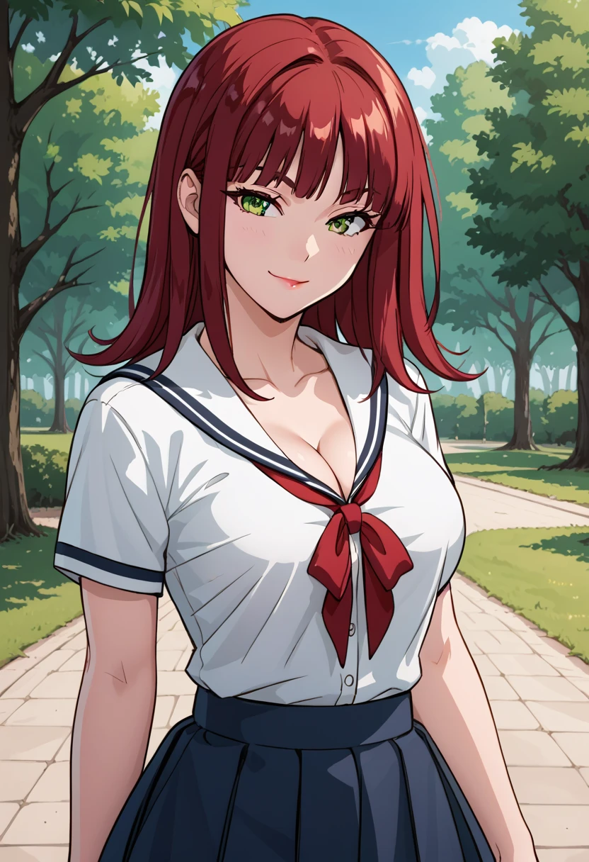 masterpiece, best quality, highres, detailed beautiful face,
1girl, solo, looking at viewer, sitting, leaning forward, head tilt, wavy hair, red eyes, red hair, long hair, frown, hair over one eye, x hair ornament, breasts, large breasts,
school uniform, serafuku, seifuku, pleated skirt,
<lora:LoRA_Yui:1>, blush, field, grass, forest, sunlight, cloudy,