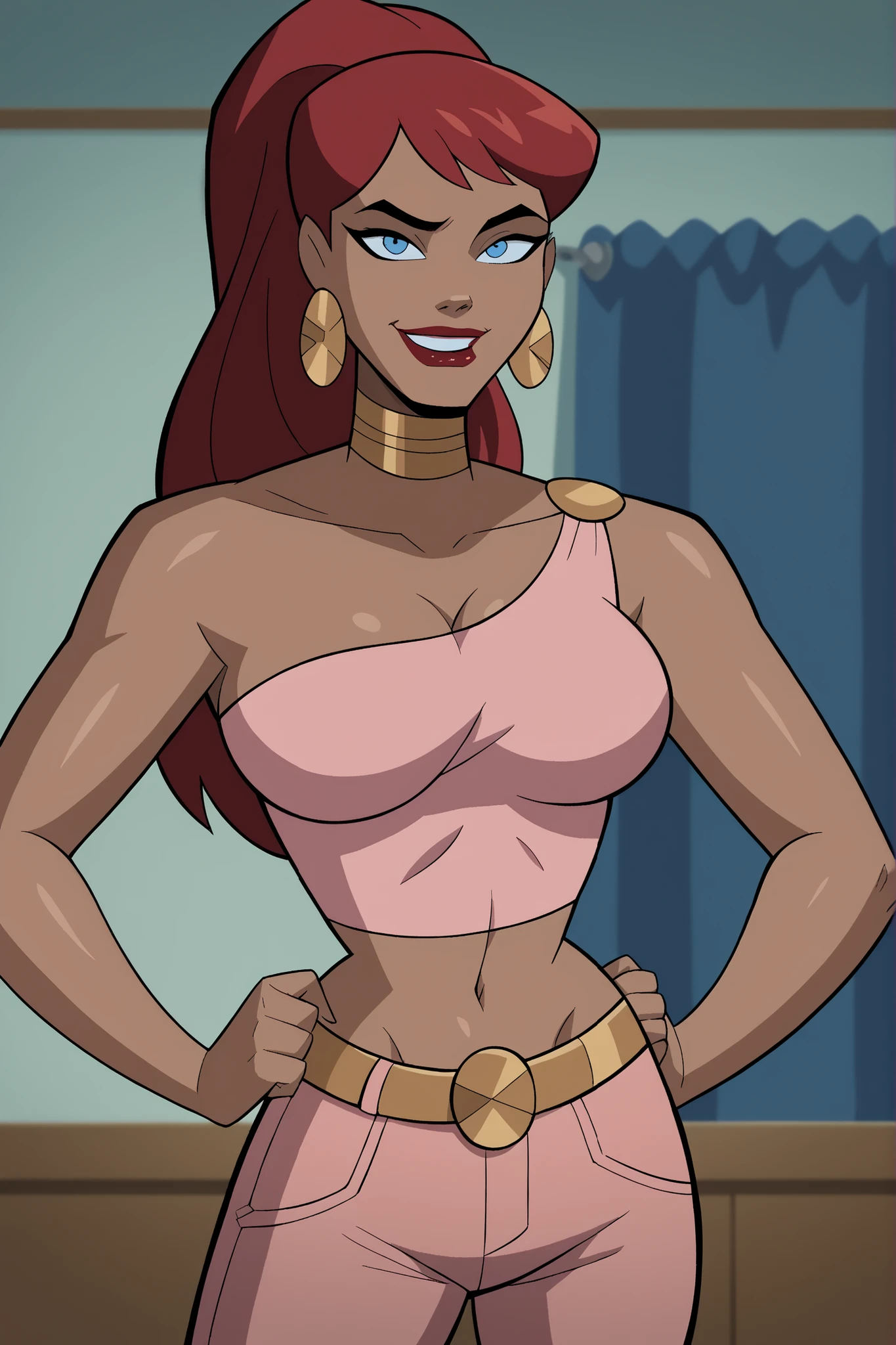 score_9, score_8_up, score_7_up, source_anime,
giganta, giganta, blue eyes, red hair, dark skin, 1girl, solo dark-skinned female, makeup, lipstick, ponytail, sunglasses raised earrings, pink swimsuit, one-piece swimsuit thin eyebrows raised, looking at viewer, winking, bare legs, outdoor pool, daytime, standing, hips, thigh highs, full view, front view, long legs, gold flip-flops, holding inner tube, seductive smile