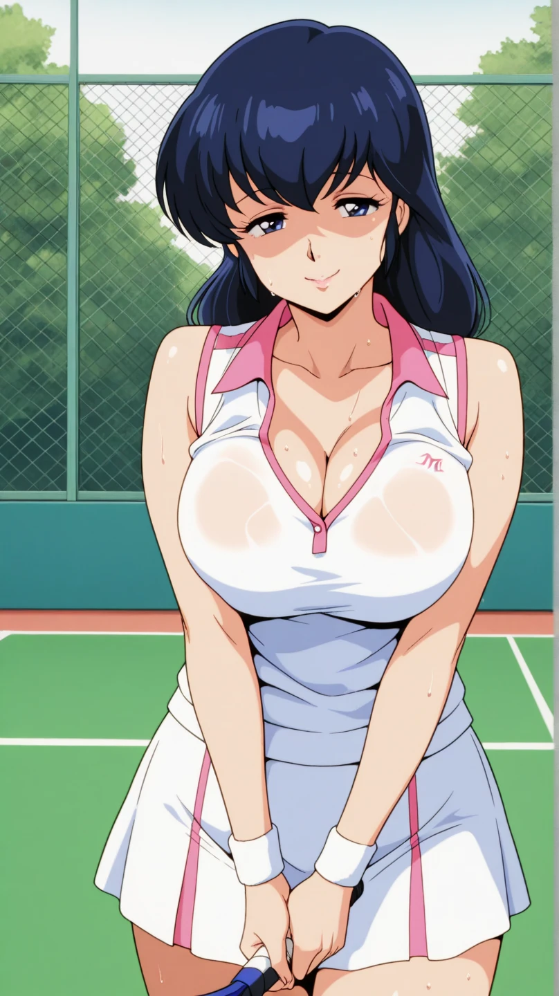 NSFW, masterpiece, (best quality: 1.2), long hair, blue eyes, green hair, worns, big breasts, evil_smile, sexy, ((tennis player)), red lipstick, fishnet stocking, ((seducing a boy)), breast-feeding, 1boy, boy touching woman, boy groping woman
