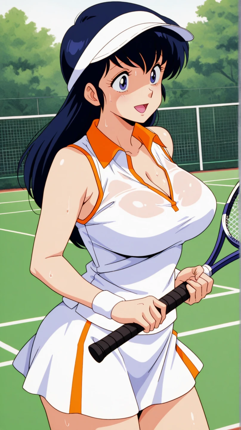 NSFW, masterpiece, (best quality: 1.2), long hair, blue eyes, green hair, worns, big breasts, evil_smile, sexy, ((tennis player)), red lipstick, fishnet stocking, ((seducing a boy)), breast-feeding, 1boy, boy touching woman, boy groping woman
