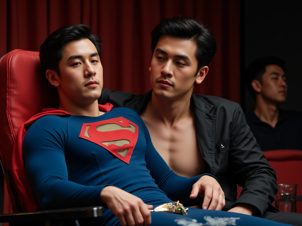 3d hyper realistic of an asian man ,25 years old,rambut short and spiky, wearing a dark blue shirt ,black trousers sat in an economy class plane next to him sat a superman ,the two of them talked to each other, the atmosphere was comfortable and there were lots of passengers,warm,4k,UHD,cinematic, ultra realistic