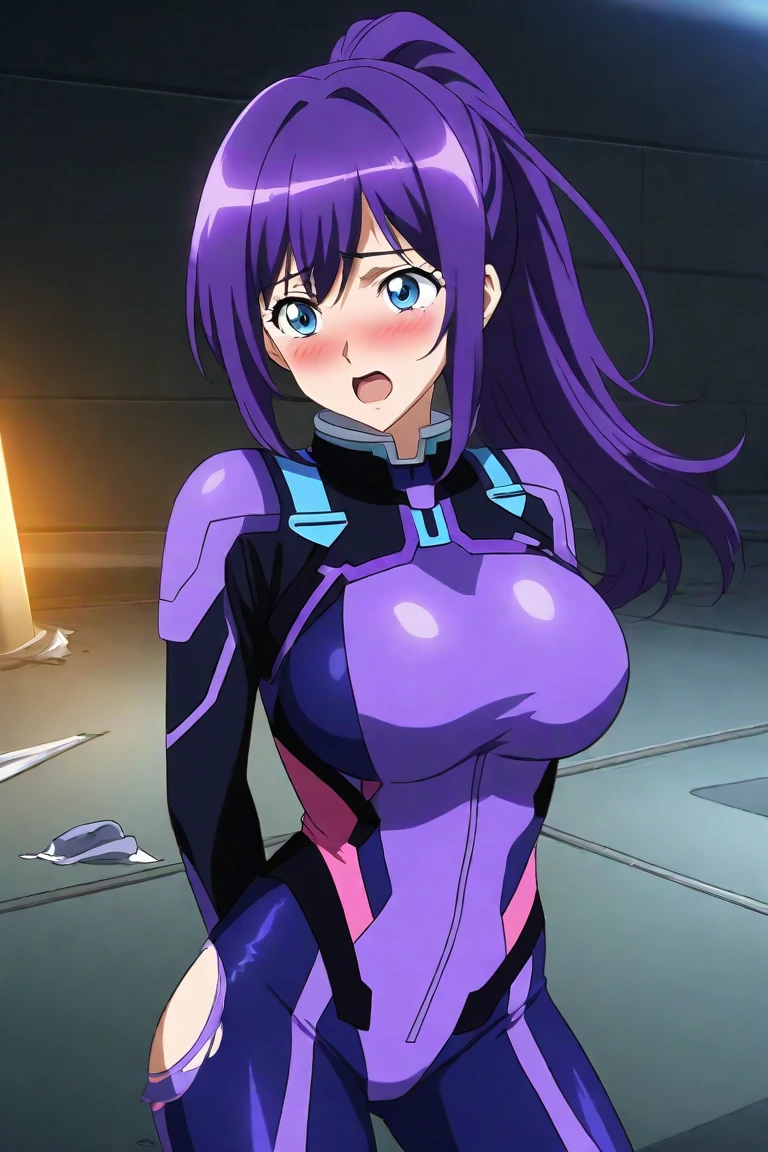 Suko Kusanagi, Purple colored hair, red eyes,Wearing a black bodysuit,anime style beautiful woman, lie on bed, (tmasterpiece, Best quality:1.2), cow boy shooting, Alone, 1 busty girl, Highest resolution,distinct_Image of a)Best quality, maam, tmasterpiece, The is very detailed, Semi-realistic, exposing her breasts, Inside the room, Modern bedroom, window, Get up, Morning, The face is red,Seductive action,Seductive expressions