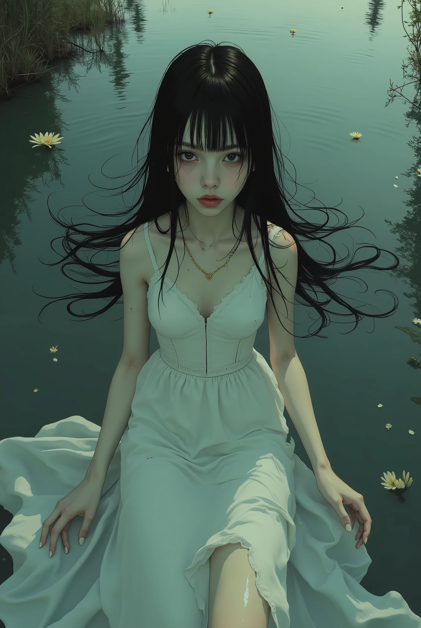score_9, score_8_up, score_8, source_anime, 1girl, <lora:Eveline:0.75> solo, flat chest, white skin, pale skin, long hair, black hair, hair over one eye, black dress, short sleeves, looking at viewer, boots, sitting, view from side, sad,
swamp, water, outdoors background,