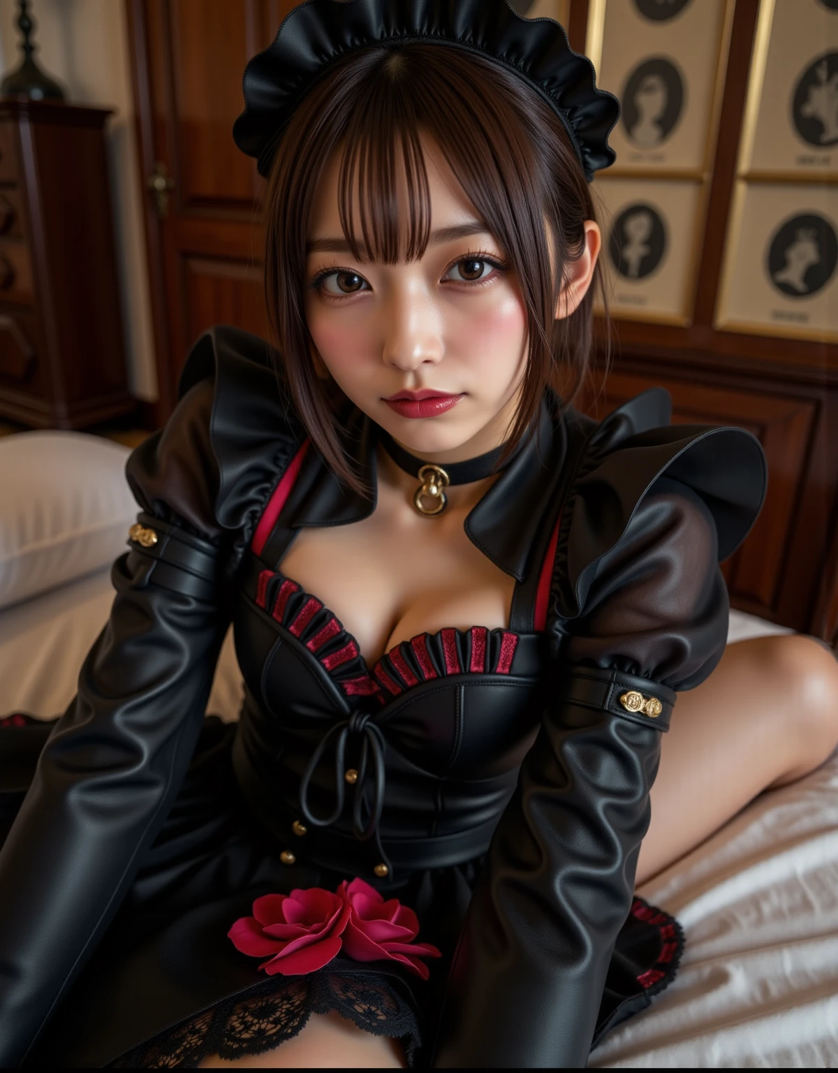 Best quality, masterpiece, ultra high res, raw photo, beautiful and aesthetic,deep shadow, dark theme,(photorealistic:1.4),
((hmmarnie, (blue eyes), black choker, red ribbon, pink dress, jewelry, black jacket, open clothes, long sleeves)),
Graceful poise, evocative atmosphere, magnetic presence, refined seduction, captivating mystique,
Intricate zentangle patterns, a single female figure, astonishing level of detail, generously endowed, portrait composition, striking perspective, a chaotic masterpiece, gracefully poised, inspired by brutalist architecture, vibrant color palette, undertones,
