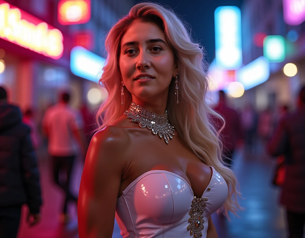 Beautiful Brazilian girl, extremely detailed face, makeup, blush, mesmerizing eyes, luscious lips, fluffy hair, perfectly-shaped eyebrows, sharp cheekbones,She was wearing a white chiffon shirt and long sequin silver skirt, walked in  luxury and illuminated terrace with the hyper-detailed, ultra-detailed, hyper-realistic, details, 8k night luminous masterpiece Dubai skyline in the background.