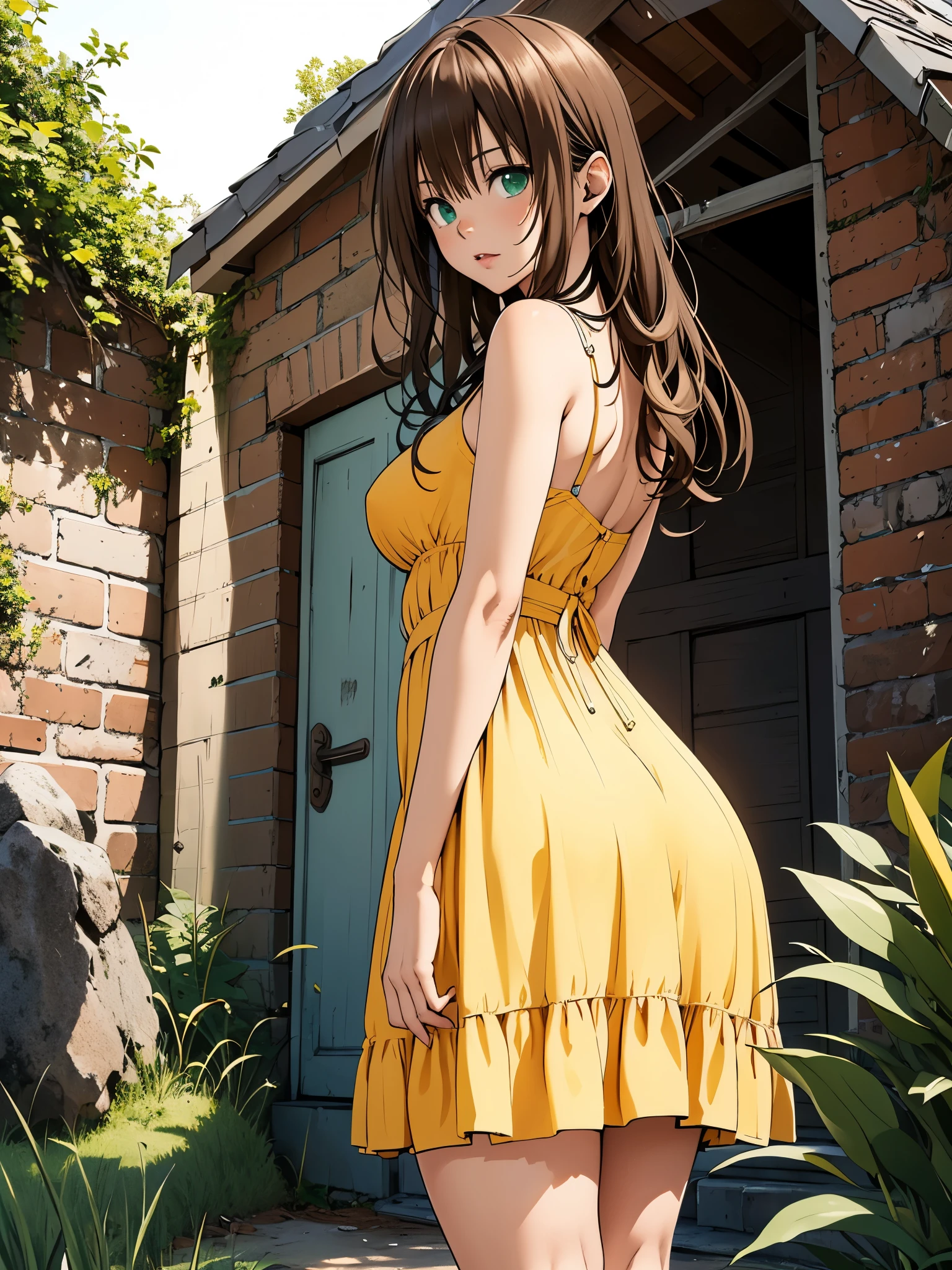 ((masterpiece,best quality)), highres, extremely detailed 8K wallpaper, depth_of_field, cowboy shot, solo, 1girl, long hair, green eyes, bow, big breasts, curvy, (wide hips), thights, big butt, (light brown hair), lightbrownhair, calmed, (yelllow_summer_dress), long_skirt, house, interior, standing