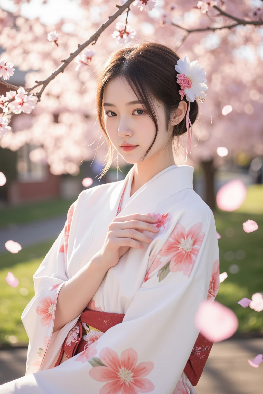 korean girl, beautiful girl, Attractive Expressions, modest smile, Pure atmosphere, graceful posture, Wearing a kimono, Japanese garden background, cherry blossom petals dance, Surrounded by Sunlight, 4K, high quality, realistic, delicate texture,  perfect skin, The enchanting appearance of the, Traditional, Oriental, watercolor