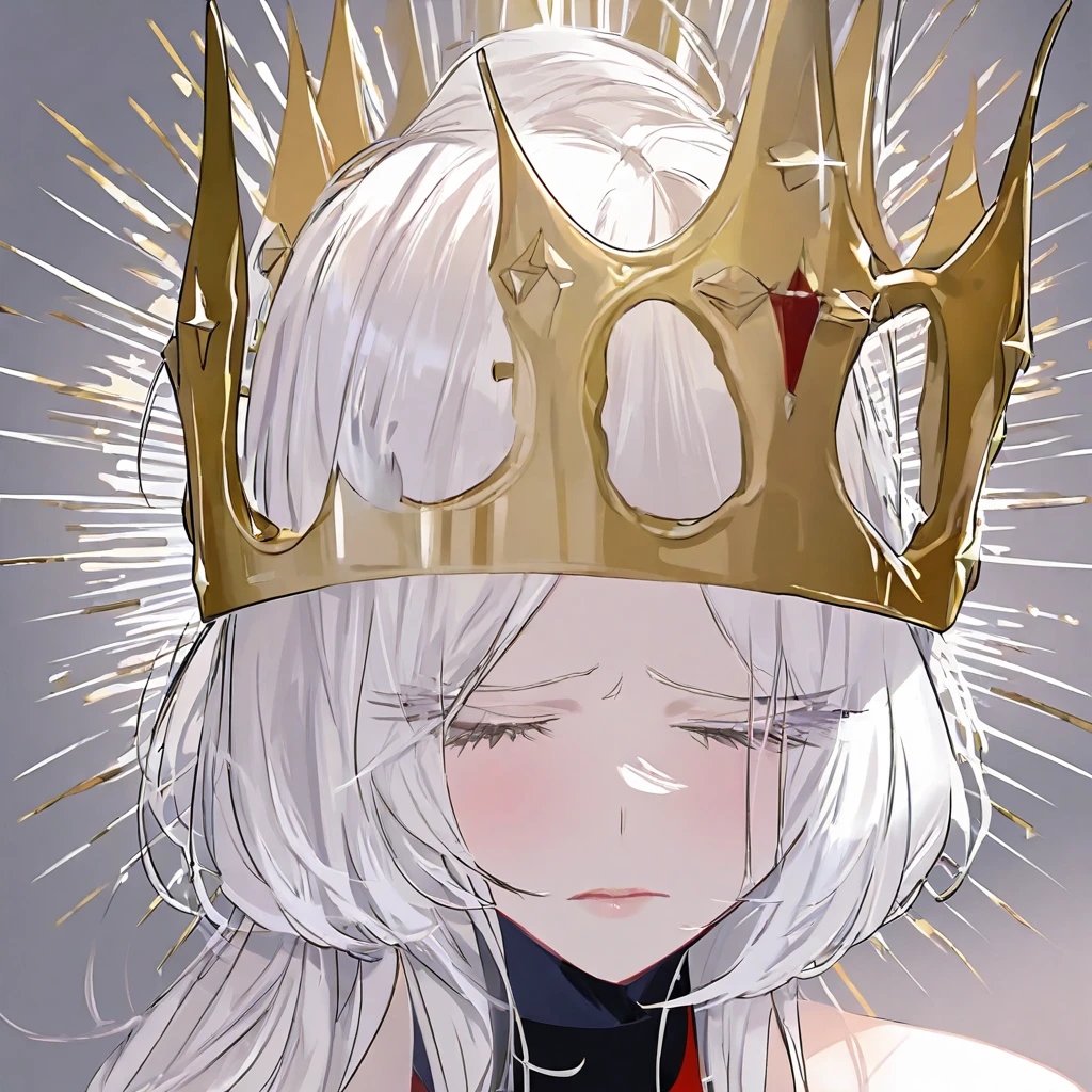 Hollow statue girl, Roman, alone, naked, eyes closed, white eyelashes, tied white hair, Roman hair tie, black skin, painted very black, studded with diamonds, golden crown, photographed at face level, white background, tears of red blood