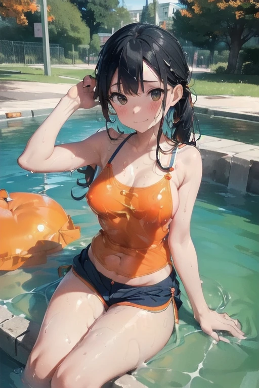Orange swimsuit((Orange camisole,Navy blue piping),(ぬるぬる液体でSoaking wet)),(Navy blue shorts),(A pool of slippery lotion),(Soaked with slimy liquid),Black Hair,Are standing,One beautiful girl,Big Breasts,Camisoles are available in any color other than navy blue,Shorts must be any color other than orange,Leaning forward,Cute eyes,Sulky face,((ぬるぬるローションでSoaking wet(Sexy))),Low Ponytail,Covered in slimy lotion(Sexy,Soaking wet),