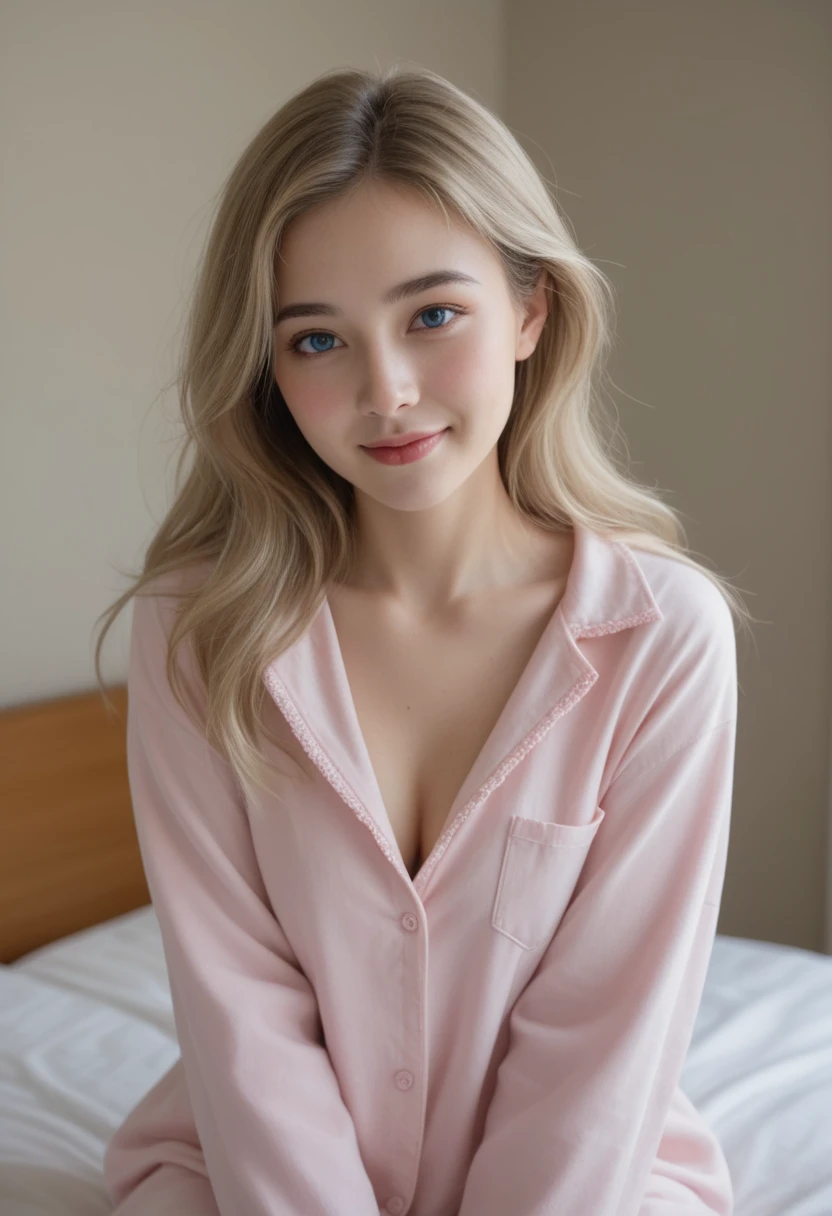 (best quality,4k,8k,highres,masterpiece:1.2),ultra-detailed,(realistic,photorealistic,photo-realistic:1.37), beautiful girl, 23 years old, cute pink pajamas with printed teddy bears, beautiful green-colored eyes, perfect body, clear skin, blonde hair, soft lighting, dreamlike ambiance, playful expression, adorable smile, cozy bedroom, fluffy pillows, pastel color palette, gentle breeze, delicate features, sparkling eyes, rosy cheeks