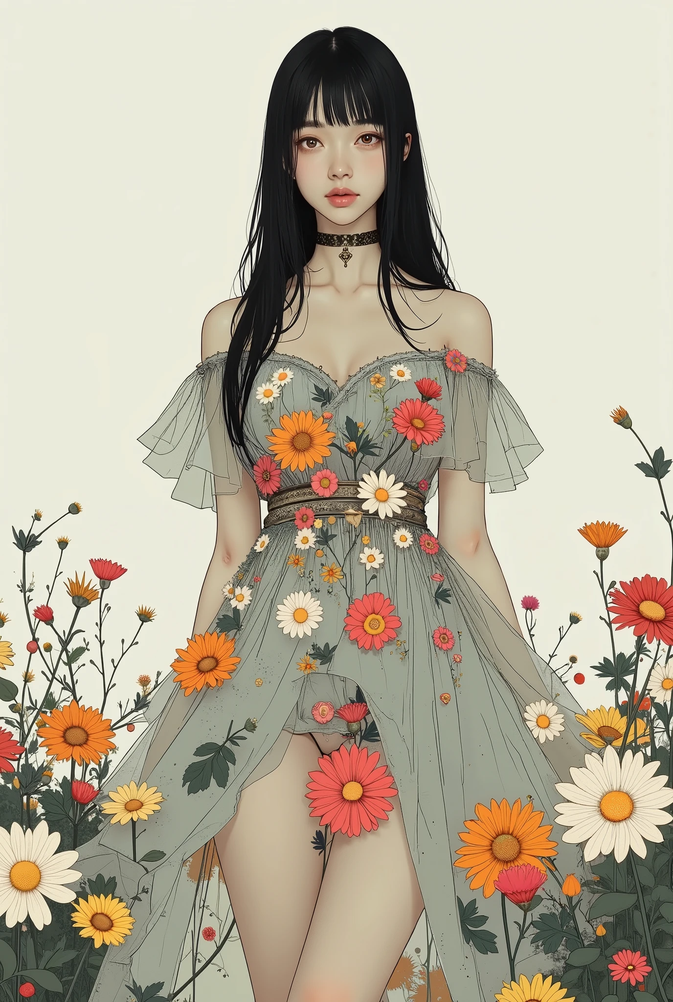 A painting of a woman wearing a flowered dress and hat, floral dress with open legs, Exquisite digital illustration, The Queen of Flowers, Korean Art Nouveau anime , Girl in Flowers, trending with Artworks, girl made of flowers, detailed fashion illustration, flower dress, Cheng Xiaoyong ( Hsiao-Ron Cheng ) Flashback Perspective, Japanese illustrator , with a picture of a woman with long dark hair