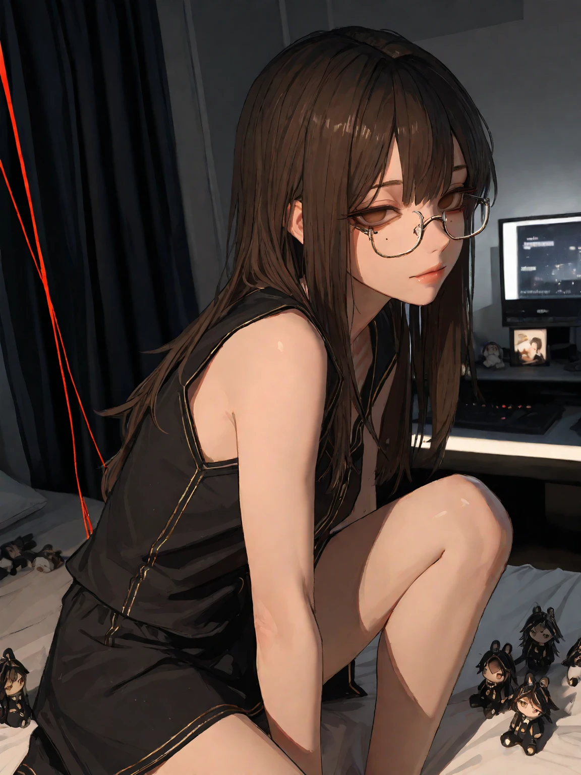 (​masterpiece、top-quality、hight resolution、Unity 8k Wallpaper、extremely details CG:1), In a very small, dimly lit room about the size of a private room in an Internet cafe, a young girl is masturbating while intently watching the TV screen. The room is very small and has only a chair and a TV. The girl is completely absorbed in the adult video, her eyes wide open and breathing roughly, fascinated. It is as if she is seeing something incredible for the first time. The scene is painted from the side, showing her sitting on the edge of the chair, leaning slightly forward and concentrating on the screen in profile. Her expression is one of pure engrossment, completely unaware of her surroundings. Her sexual pleasure rises with her first adult video. nsfw, blushing, steam, female masturbation