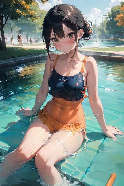 (best picture quality, 4K, high quality, masterpiece::1.2), ((masterpiece)), high detail, high quality, best picture quality, ((high quality, nsfw,  showing armpits, embarrassed,spread legs, sitting) , nsfw, （put up one's hair), cute, early teen girl in a competition swimsuit with black pantyhose at poolside in the indoor pool, full body, loli, short height, medium breasts, bokeh, DOF, Portrait, evil grin, crying, open stance, (cute illustration:1.2), high-resolution, ultra-detailed, best-quality, bare-shoulder,
