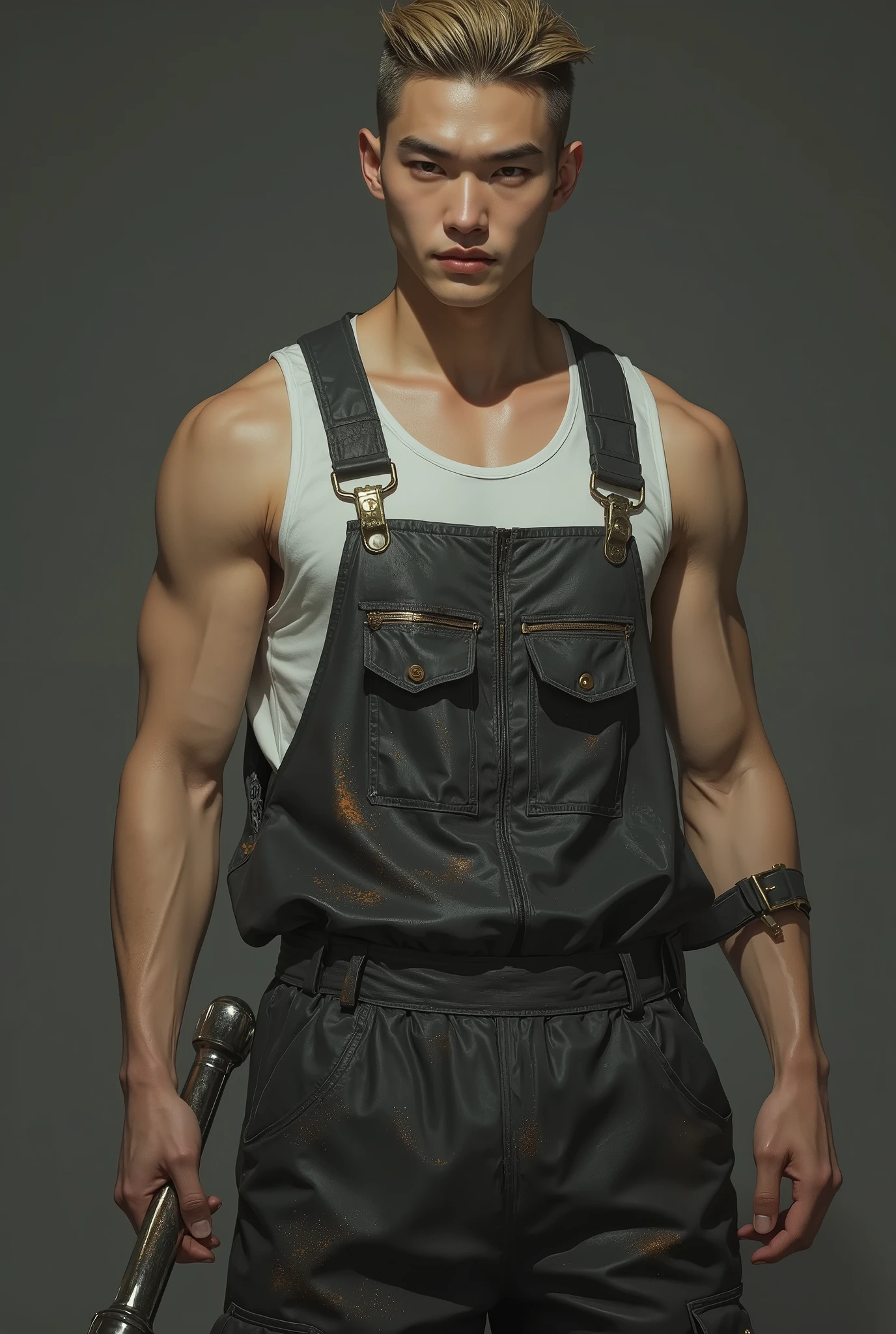 Korean man, 23 years old, Hwang Hyunjin's appearance in 2025, tall, defined arms, fair skin, dark blonde buzz cut haircut, eyebrows with two lines, he has the appearance of a delinquent, he wears a white tank top and a dark gray motorcycle workshop operational jumpsuit, stained with grease, he is looking forward, in one hand he holds a ratchet combination wrench, his body appears from the knees to above the head.