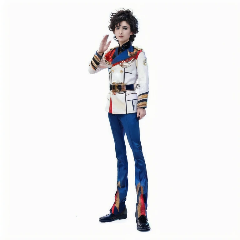 A full body handsome man, with blue hair, COM CAMISA BRANCA, with white pants, with white boots, holding a blue rose in her hand
