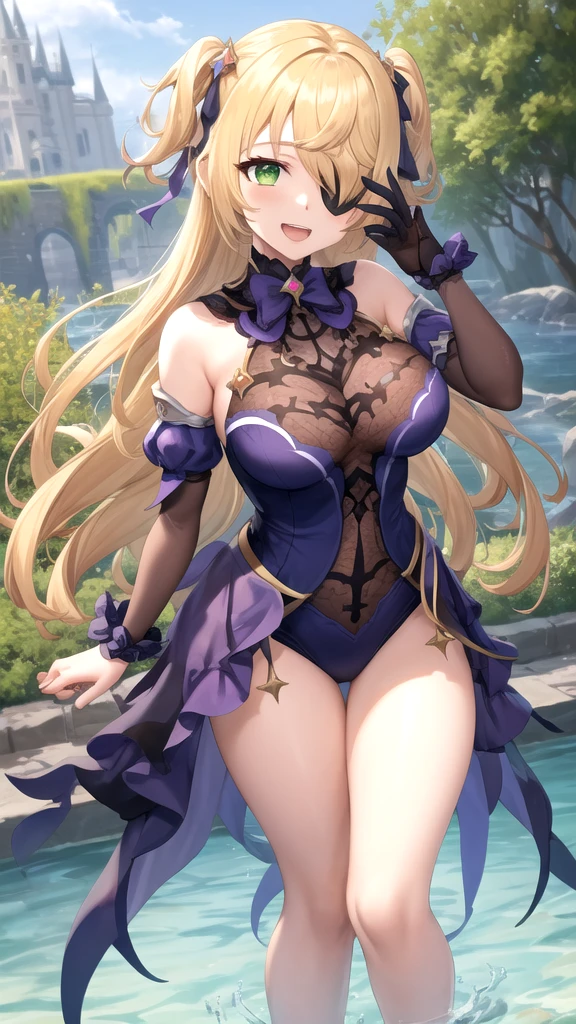 Fischl Genshin Impact, Iwhole body, (NSTDA.:1.2), (10, beste-Qualit, master-piece: 1.4), ultra-high resolution, (realistic, photorealistic: 1.48), Cute Girl 25 years old , ( Beetle Micro Bikini see-through:1.11), big breasts, shiny long hair, famous Japanese stars, blue eyes, head tilted, cowboy style, frontal view, looking at the viewer, emotionless, beautiful river in the Zeiss forest, 150mm. F/ 2.8 Hasselblad full body, foot, ultra wide angle