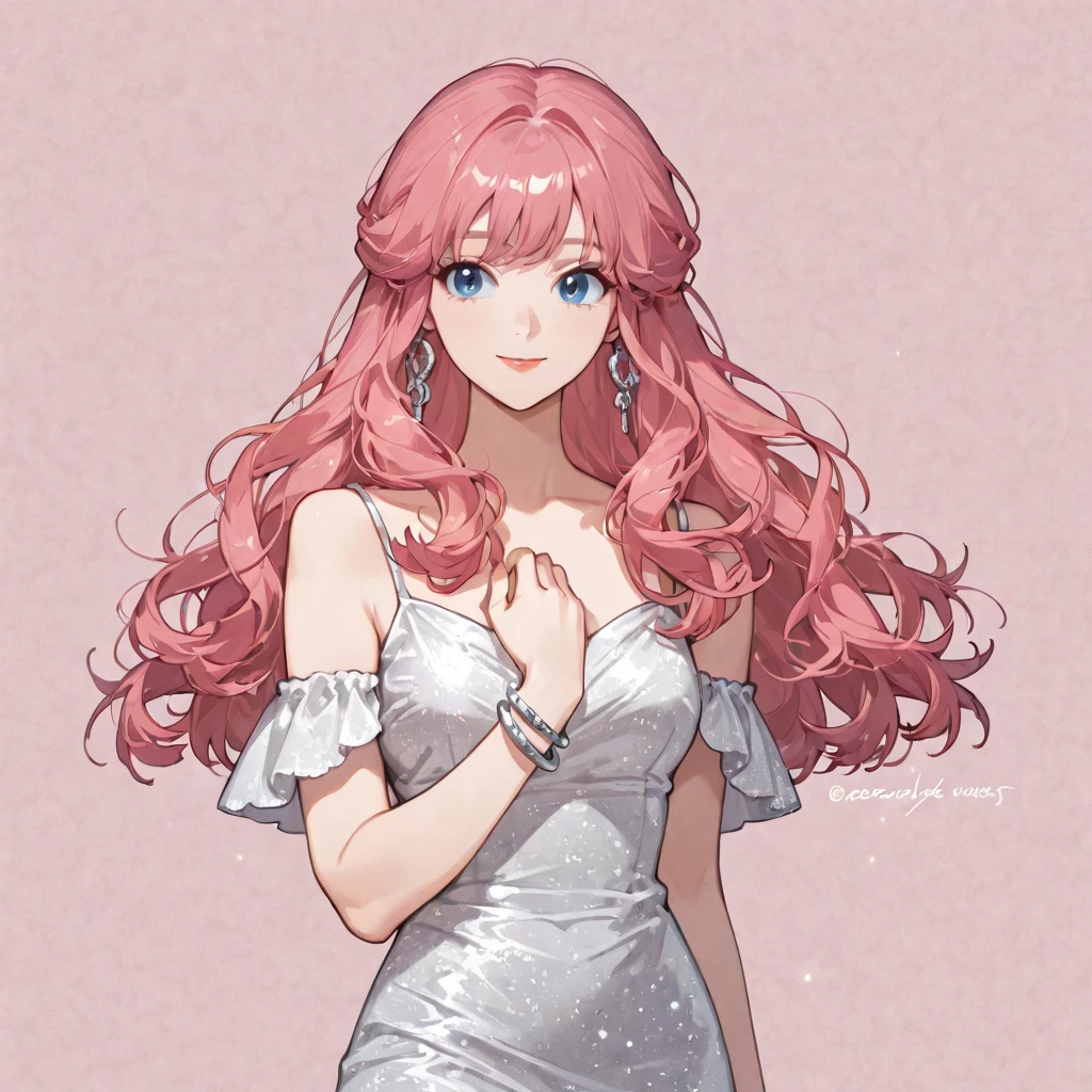 Alien wife 1.90 tall,slim, with medium light pink hair, Oval face, blue eyes without pupils, pointy nose, wears ballerina clothes and has pearls on her forehead