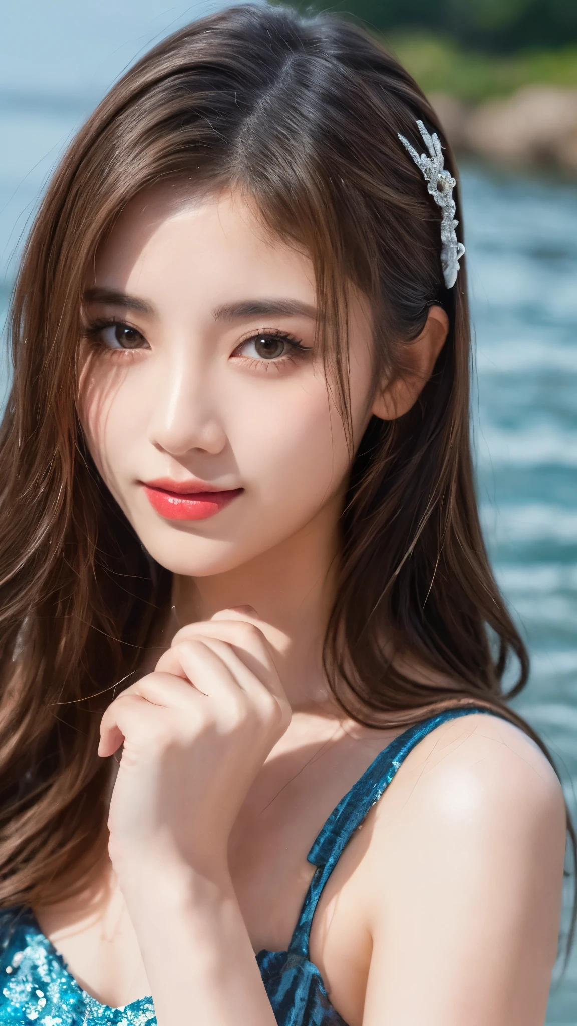 Tabletop, highest quality, figure, Very detailed, In detail, High resolution, 8k wallpaper, Perfect dynamic composition, Beautiful fine details, Ponytail Hair,Huge breasts, Natural color lip, Bold sexy pose,smile,25-year-old female、cute、sexy shot looking at camera,Crack,Close-up face,Beach、Fluorescent Bikini、